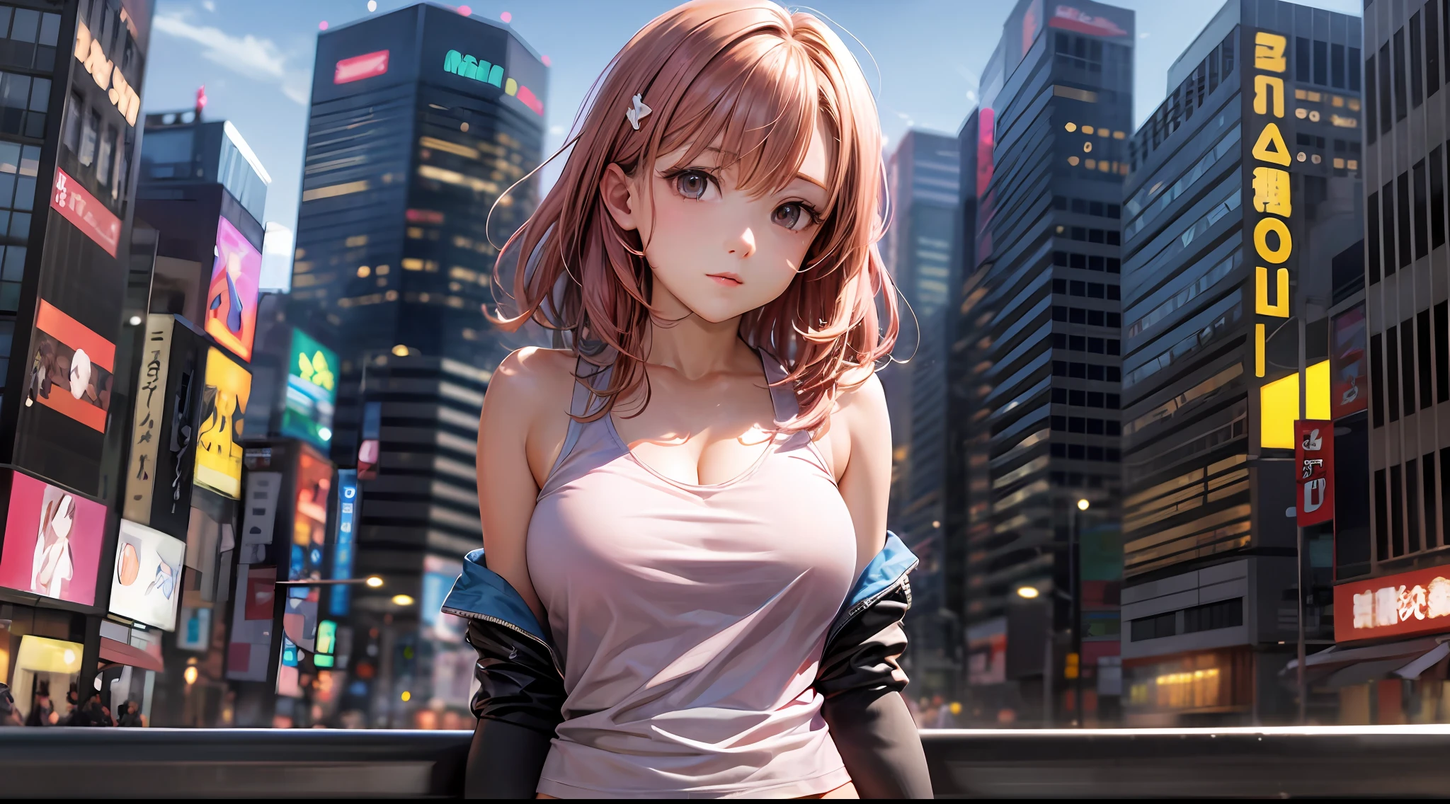 (A Certain Science Railgun、Misaka Mikoto)、Brown skin、School swim wear、(Medium hair in pink color)、Young、Cute、a beautifulchi girl、Perfect style、HugeBoobs、Emphasizes cleavage、deadpan、realisic、Realistic、8k、Heavily detailed、Best quality、Top image quality、ultra-high-resolution、A masterpice、only girl、(The background is the city of Akihabara in Japan)、