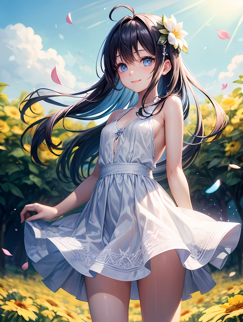 Best quality、Floral hair ornament、lightblue eyes、Small face、shiraga、Hair fluttering in the wind、a smile、large tits、Open chest、White dress、White miniskirt、beauty legs、flowers fields、Background blur
