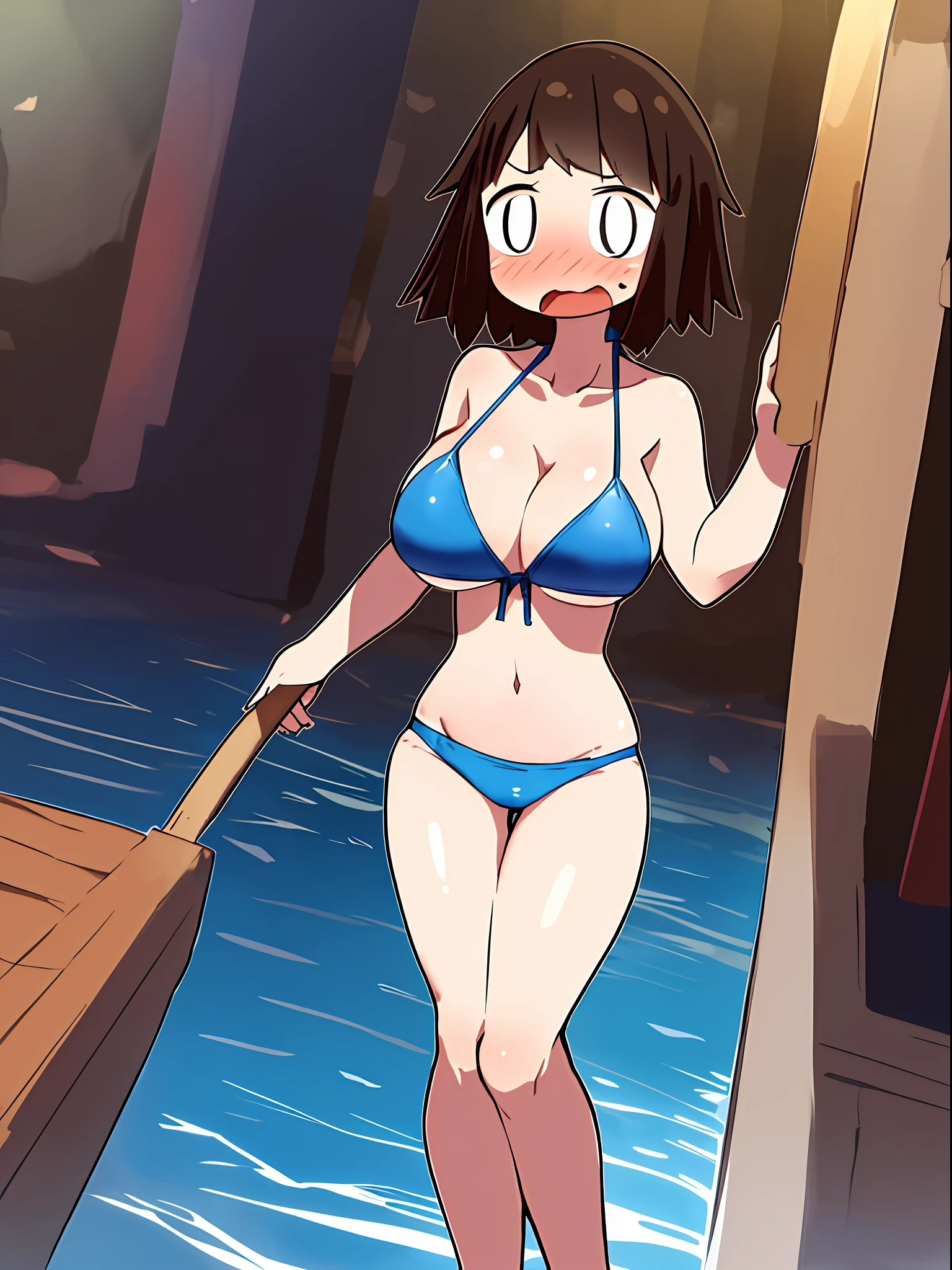 ((masterpiece:1.2)), (best quality), ((extreme detail)), extremely, CG, 8k, toon, @squidboy0125, ((mob face)), ((|_|)), 1girl, solo, bikini, bikini bottom, short hair, brown hair, wide hips, (blush), open mouth, full body view, shiny, (large breasts), thick thighs, cowboy shot, pool,