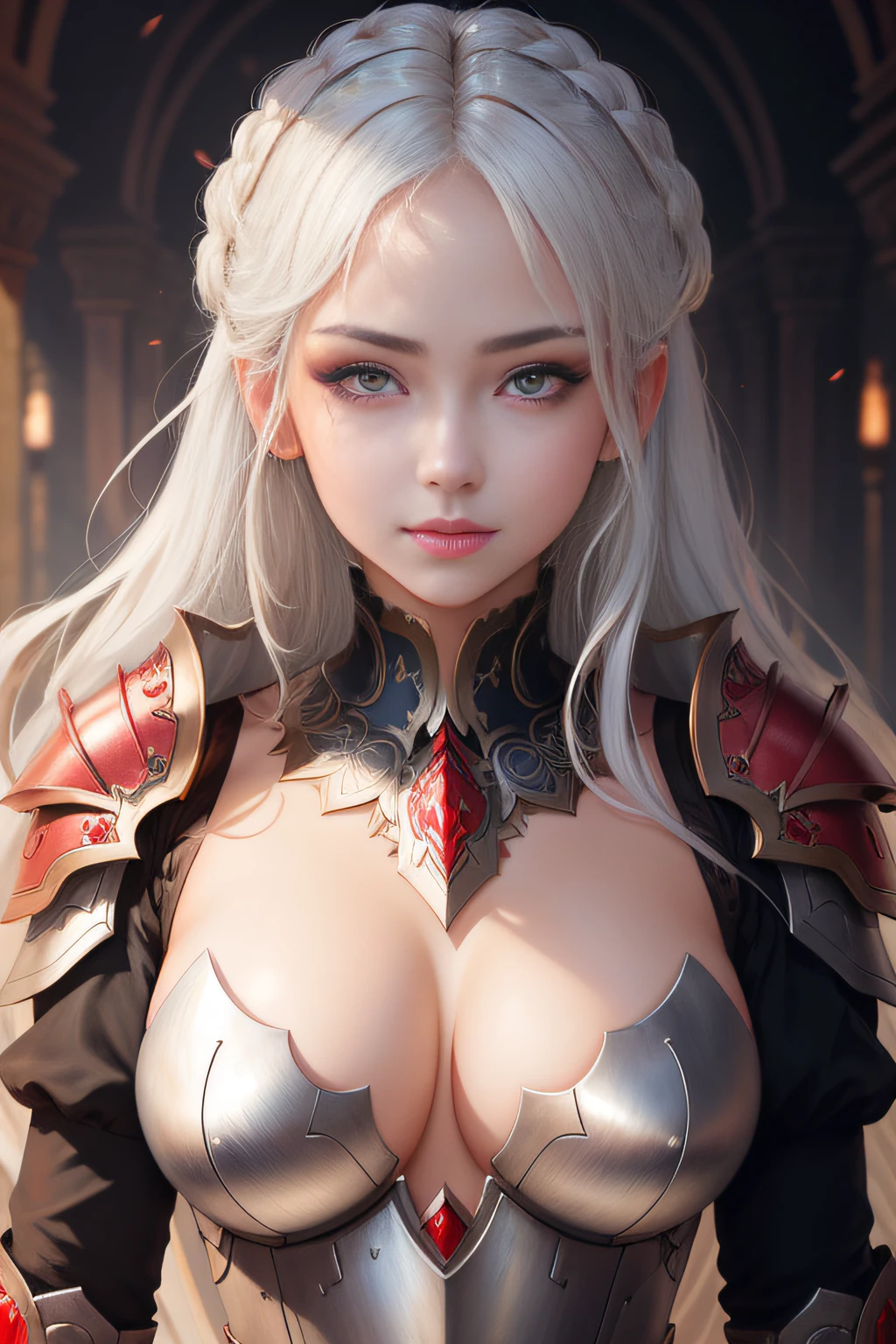 a  portrait of a underdeveloped [temptress|siren] , Mocha armor, breastplate, nimbus, fur, cape, perfect face, pretty face, blue eyes, white hair, big hair, normal breasts, lush detail, absurdres, avatar, close-up, face zoom, mystery, fantasy