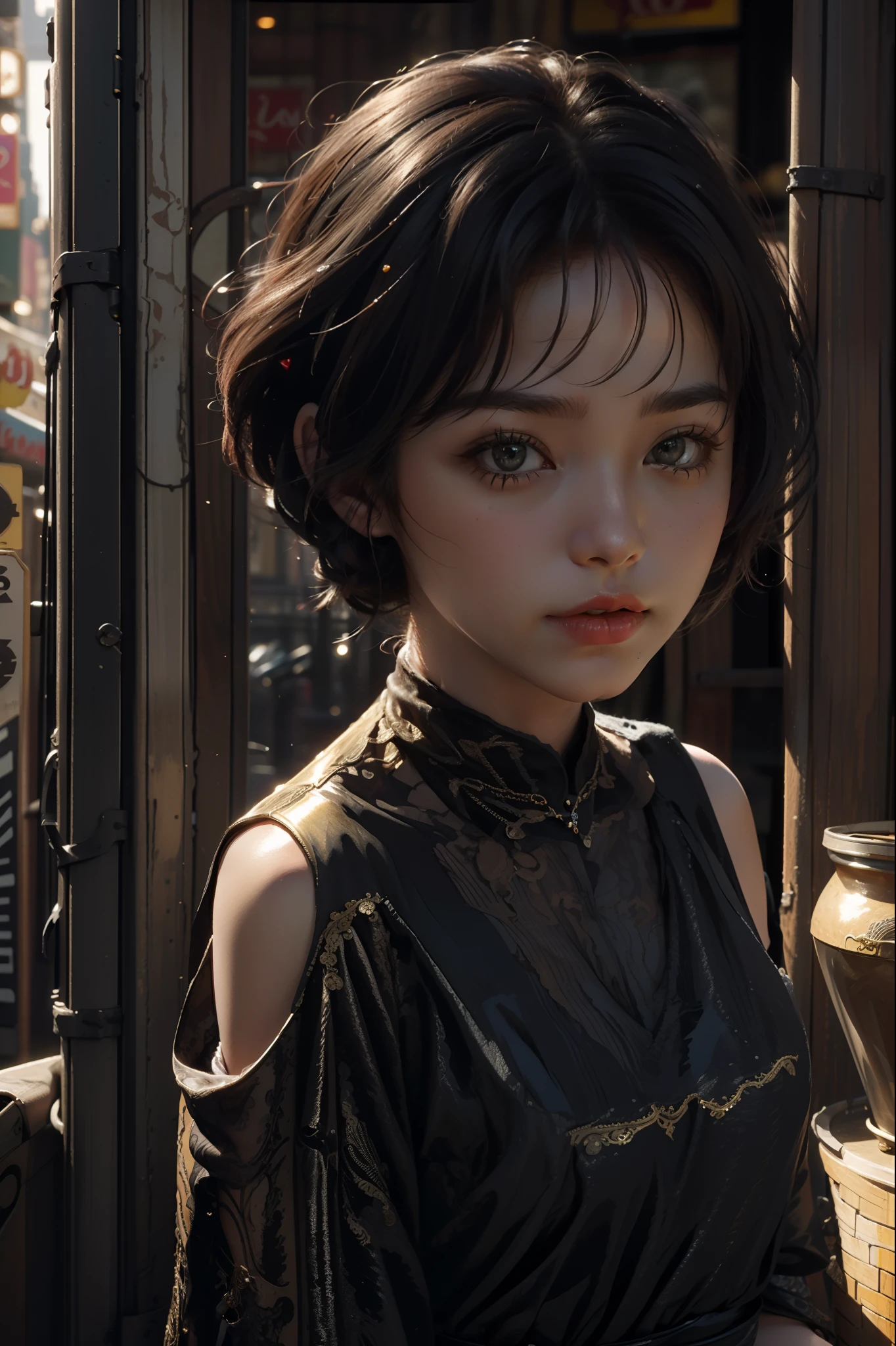 Best quality, masterpiece, ultra high res, (photorealistic:1.4), raw photo, award-winning shot of a cute steampunk Miley Cyrus wearing a stylish steampunk outfit in a New York street, victorian Age dressing, intricated steampunk top hat, cinematic, natural light