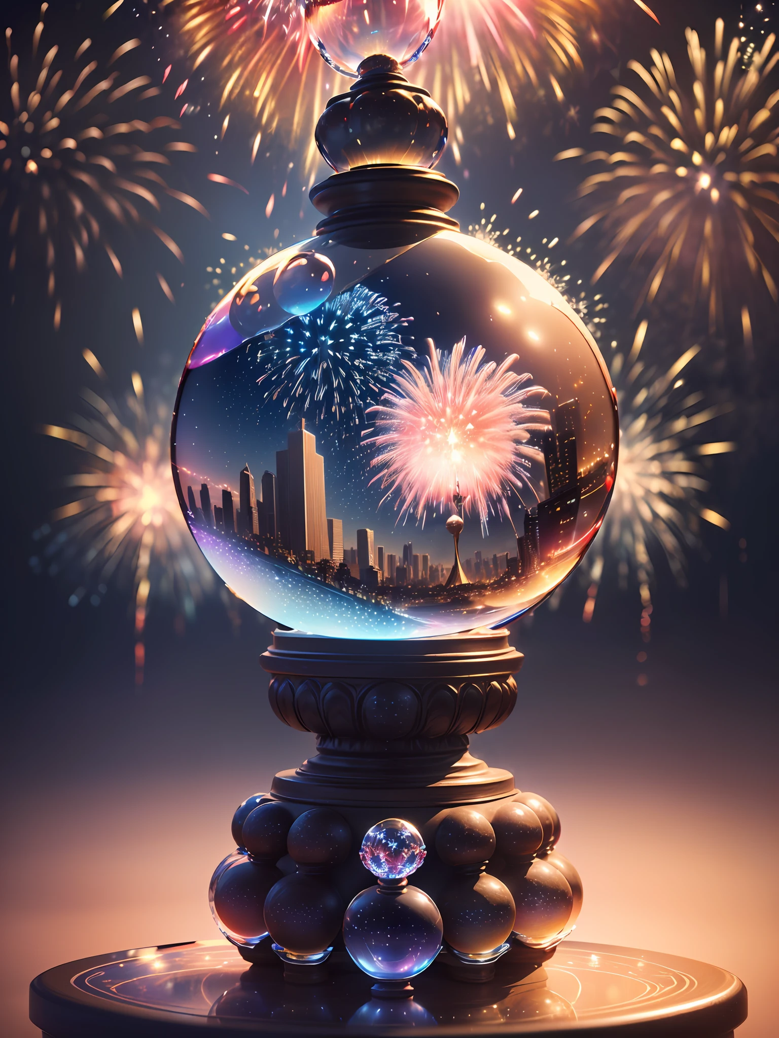 Hyper-realistic、16K High Resolution、(Maximum Sharp Focus:1.3)、(Maximum Close-up:1.5)、(Three-dimensional fireworks trapped in a crystal ball with a pedestal on a table:1.7)、(Night view of the big city、blue back light:1.3)