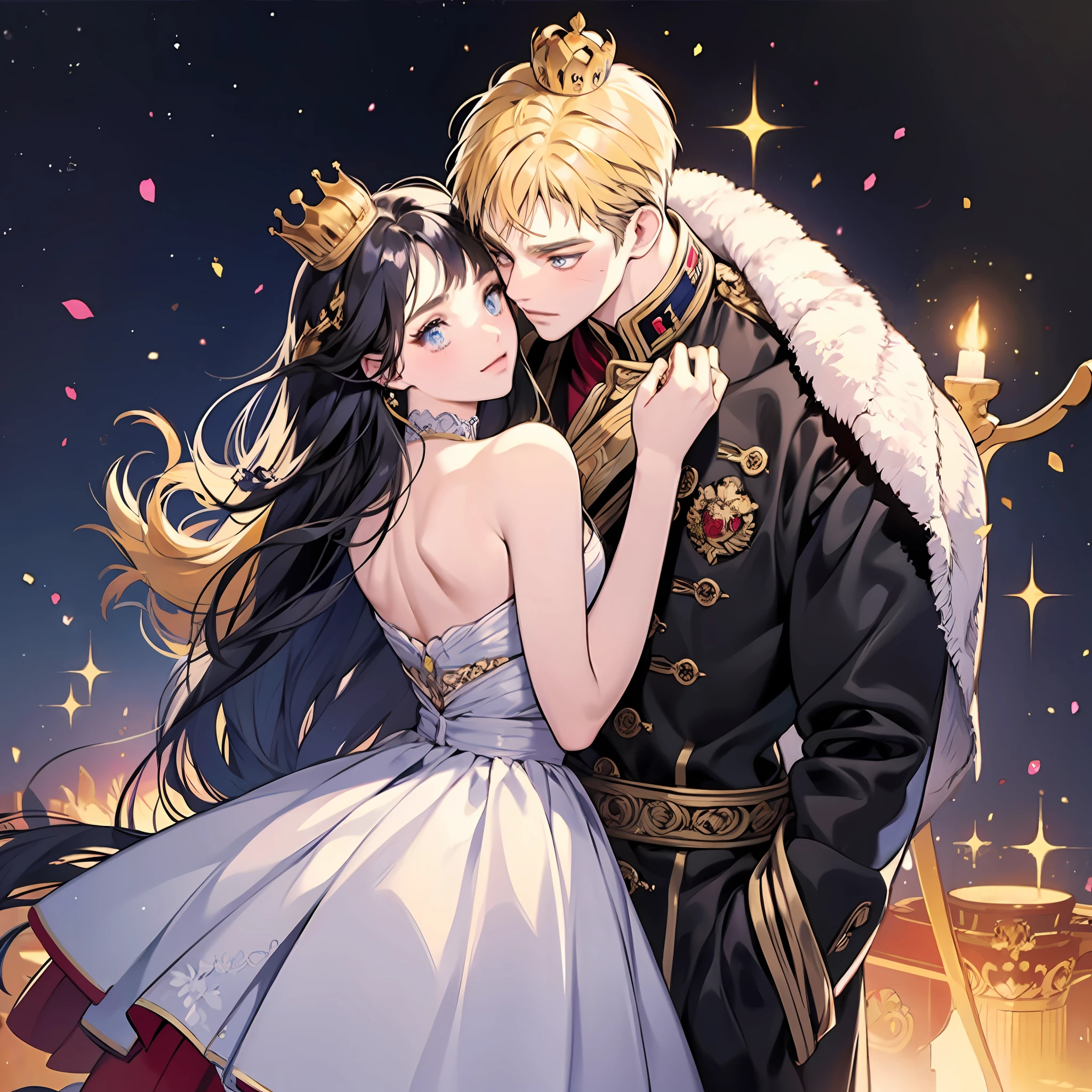 blonde man, dark blue hair girl, naruhina, hug, masterpiece, couple, standing, royalti, nobility, (((crowns))), king, queen, looking into each other eyes, romantic