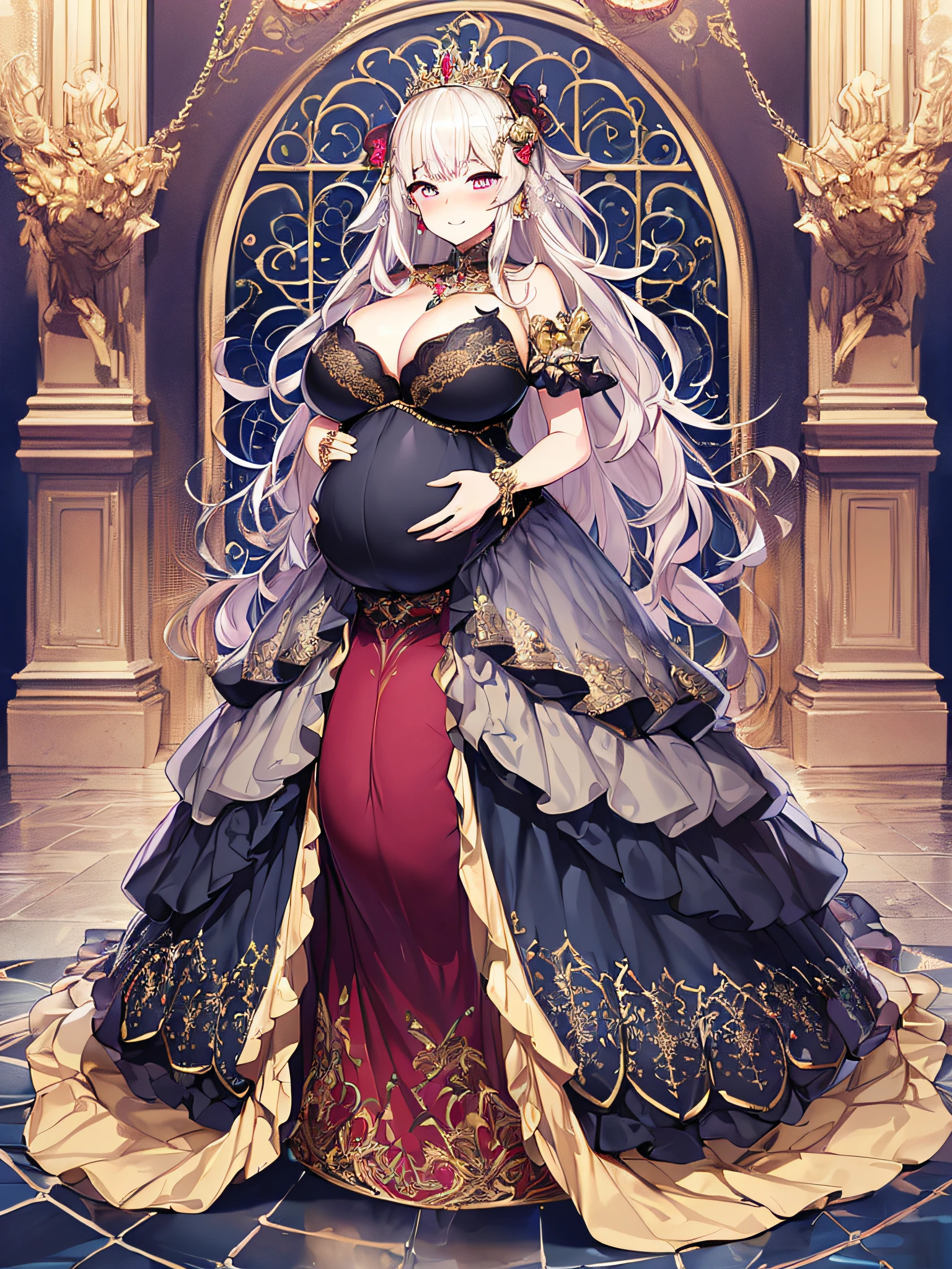 ((anime artstyle)),(Masterpiece),(Best Quality), (Super Detail),((Very Delicate and Beautiful)),Focus on character,Dynamic Angle,Looking at viewer,((Solo)),standing,(((full body))),(((one evil pregnant princess in gorgeous ball gown with voluminous skirt))),detailed face and eyes,((heavily pregnant)),((clenched teeth,blush)),embarrassed,jewel-like eyes,((Very Long voluminous Hair)),gorgeous embroidery and lace,See-through,ornate ruffles,Gorgeous jewelry ornaments,luxury hair ornament,luxury and evil tiara with jewels,(gigantic breasts,Long breasts),full body,(((evil and dark atmosphere))),full body,heavily pregnant,(inside of prison),jeweled evil ball gown,(((gorgeous ball gown with voluminous skirt)))