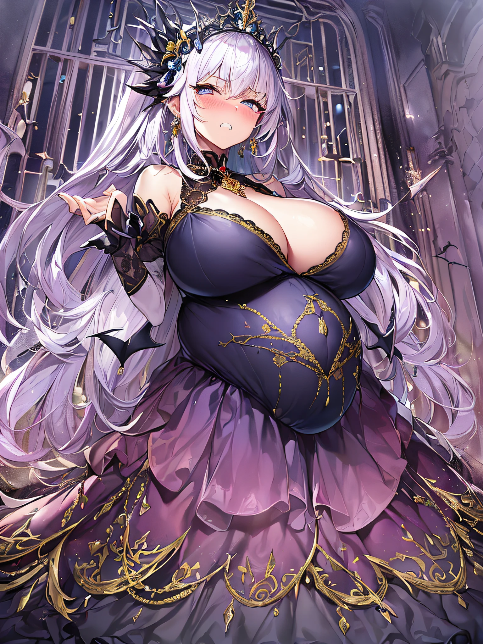 ((anime artstyle)),(Masterpiece),(Best Quality), (Super Detail),((Very Delicate and Beautiful)),Focus on character,Dynamic Angle,Looking at viewer,((Solo)),standing,(((full body))),(((one evil pregnant princess in gorgeous ball gown with voluminous skirt))),detailed face and eyes,((heavily pregnant)),((clenched teeth,blush)),embarrassed,jewel-like eyes,((Very Long voluminous Hair)),gorgeous embroidery and lace,See-through,ornate ruffles,Gorgeous jewelry ornaments,luxury hair ornament,luxury and evil tiara with jewels,(gigantic breasts,Long breasts),full body,(((evil and dark atmosphere))),full body,heavily pregnant,(inside of prison),jeweled evil ball gown,(((gorgeous ball gown with voluminous skirt)))