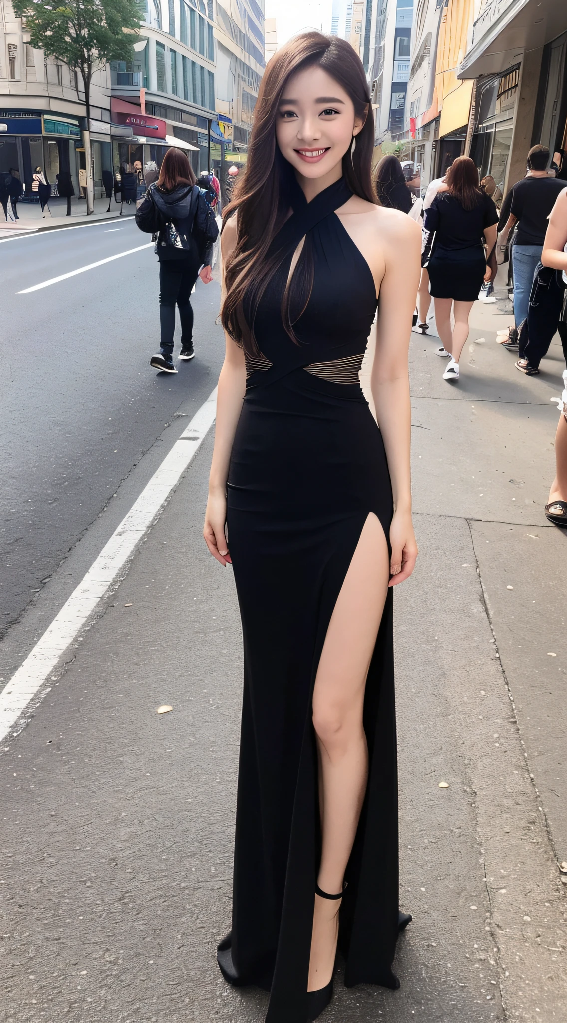 ((beste Quality, 8k, Masterpiece :1.3)), 1girl, smiling, full body, slim face, Pretty woman, (Dark brown hair), full length dress :1.1, Ultra-detailed face, Detailed eyes, Double eyelid, blur background, slim face, city, outside, street, full-body