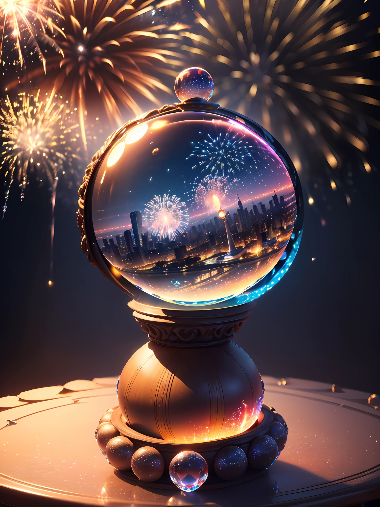 Hyper-realistic、16K High Resolution、(Maximum Sharp Focus:1.3)、(Maximum Close-up:1.5)、(Three-dimensional fireworks trapped in a crystal ball with a pedestal on a table:1.7)、(Night view of the big city、blue back light:1.3)
