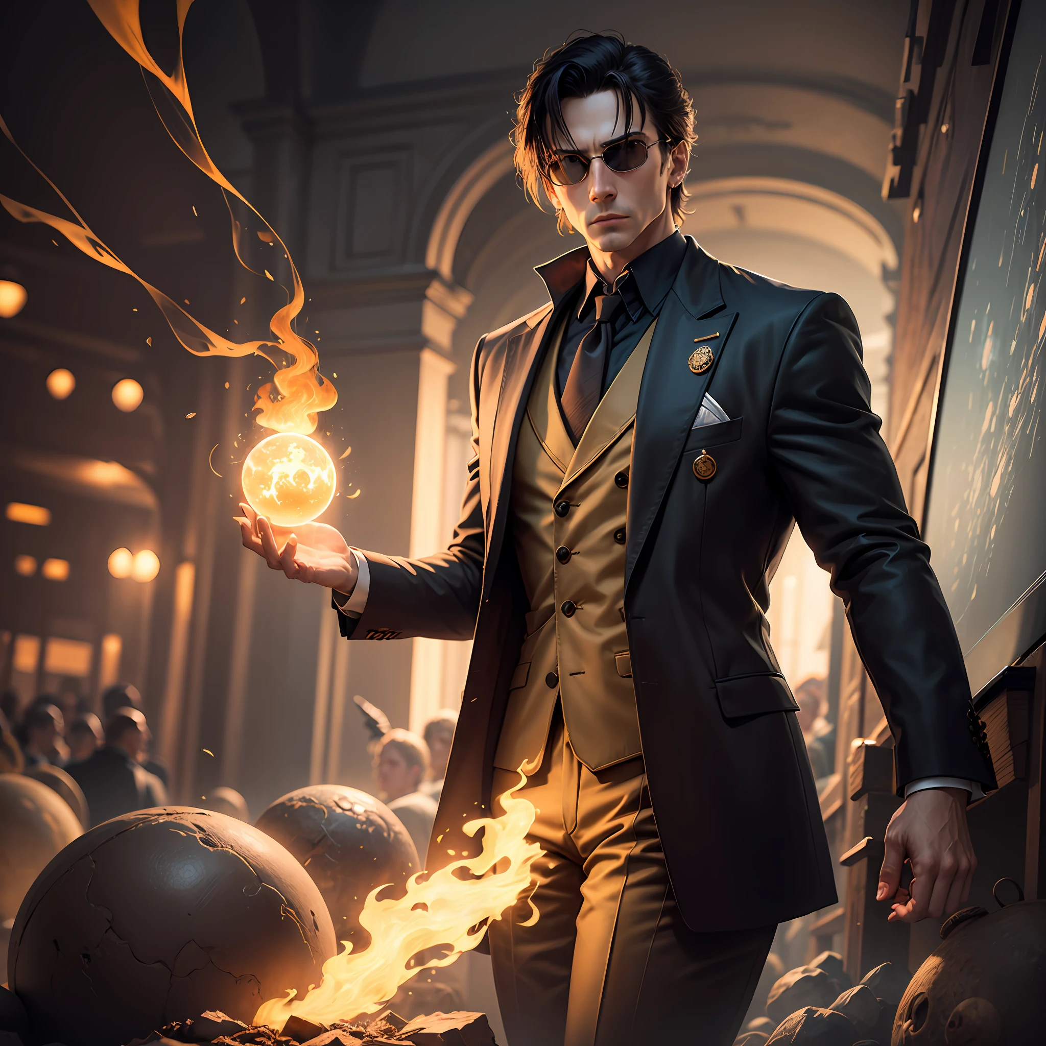 Homem bem vestido ao estilo matrix, sentado em uma poltrona dos anos 1920 de couro marrom e detalhes em ouro, homem observa um globo do mapa mundi pegando fogo --auto