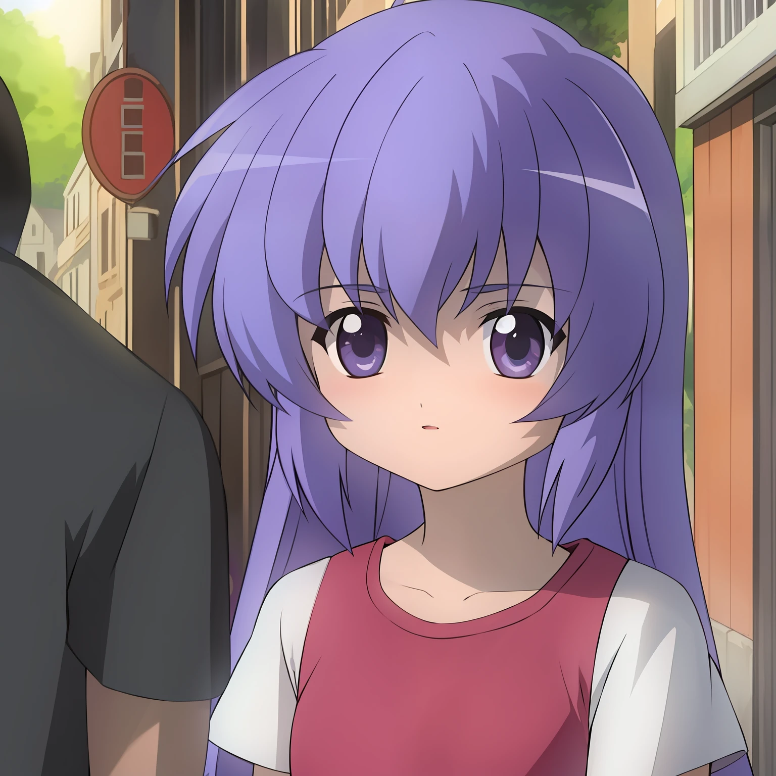 Aniscreen, 1girl, purple hair, long hair, wearing t-shirts, town, people