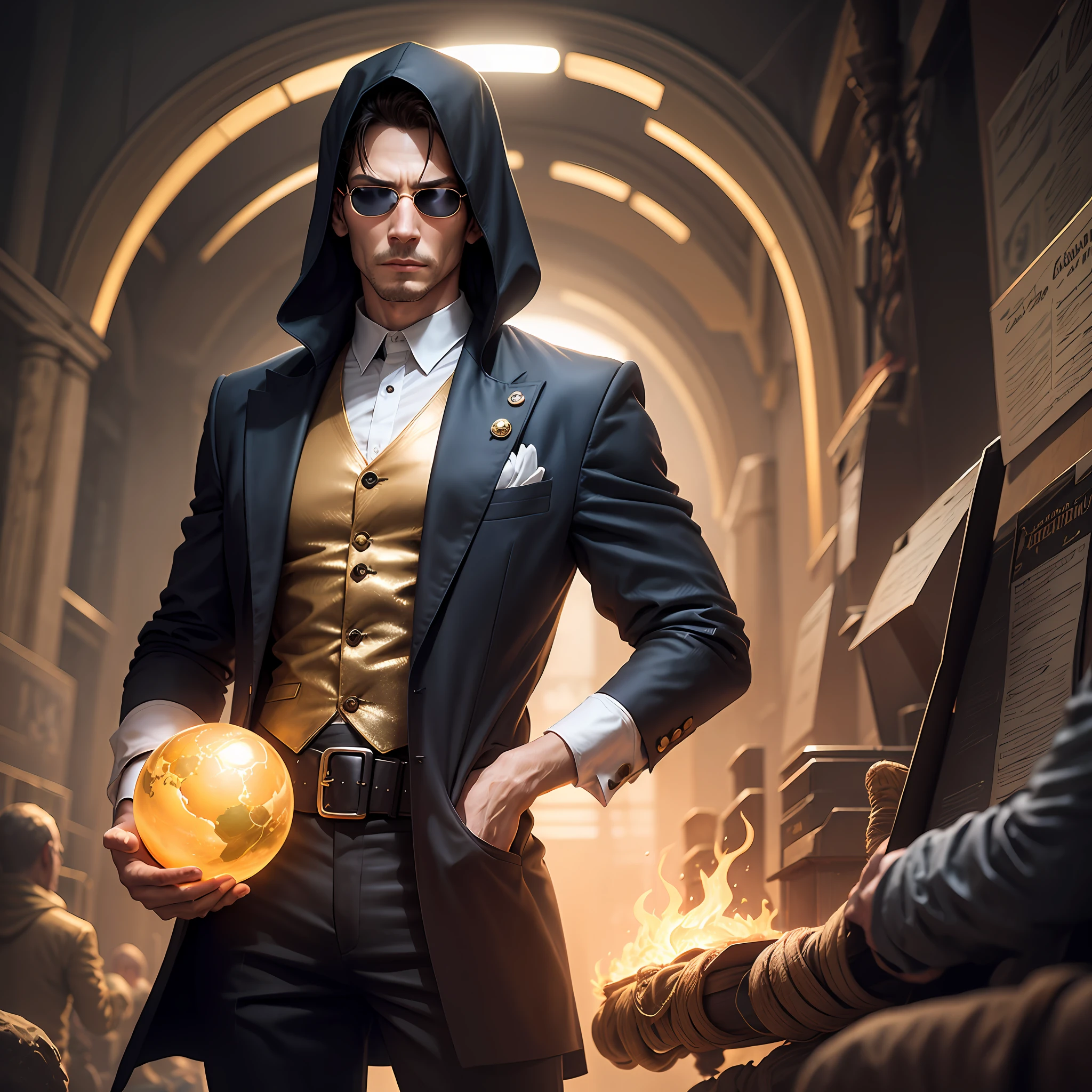 Homem bem vestido ao estilo matrix, sentado em uma poltrona dos anos 1920 de couro marrom e detalhes em ouro, homem observa um globo do mapa mundi pegando fogo --auto