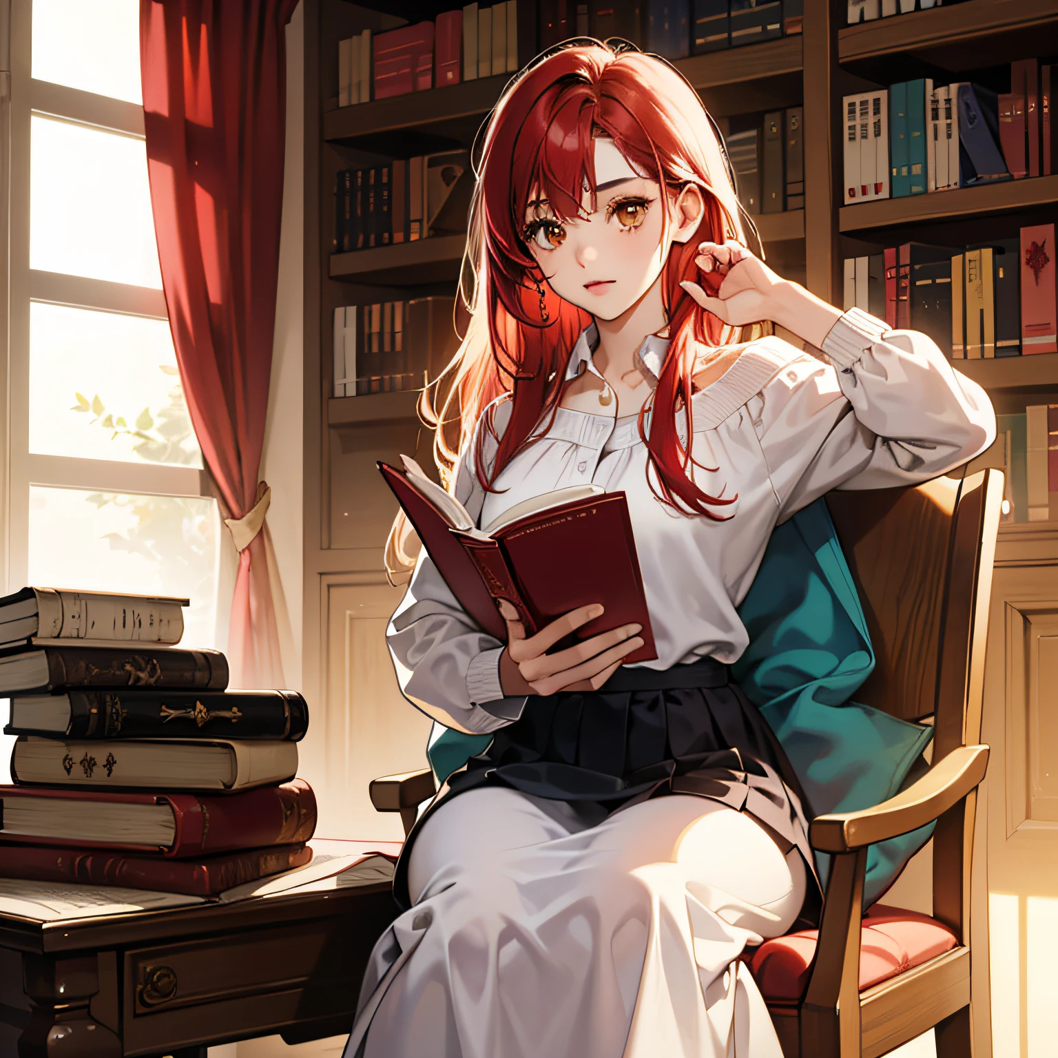 Teenage girl reading in the library,There are magic fluctuations around,red tinted hair,Gold eyes,length hair --auto