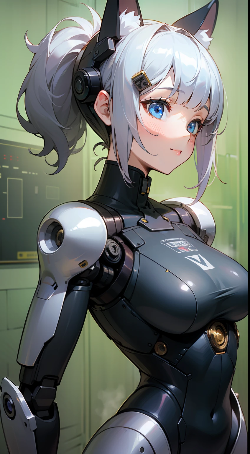 ((Master masterpiece)), ((Top image quality)), illutst, The girls１Guys, Hair color, Bangs, Hairstyle Fax,Cat's ears、 Portrait from the waist up, Slender、constricted hips、((large udder))、Maiden、Star Trek、Star Trek's Borg Queen、have a bouquet、Bouquet of metallic flowers with a big smile、Metallic clothing、Clothes with machines、Prosthetic limb with exposed shaft、steam-punk、ponie tail、Machine-made hair ornament、Highly detailed beautiful ceramic silhouette female robot face、The robot、Robot Parts、150 mm complex 3D rendering、beautiful studio soft light、lim light、vivid detail、luxuriouscyberpunk、Ren Hao、surreal、anatomi、face muscles、Cable wire、microchips、Elegant and beautiful background、octane renderings、HR Giger Style、8k、beste-Quality、A masterpice、illutst、an extremely delicate and eautiful、Heavily detailed、CG、unity、 wall paper , (fidelity, fidelity: 1.37), astonishing, finely detail, A masterpice, beste-Quality, Official Art, Highly detailed CG Unity 8k wallpapers, absurdist, incrediblyabsurdres, The robot, silver helmet, Whole human body