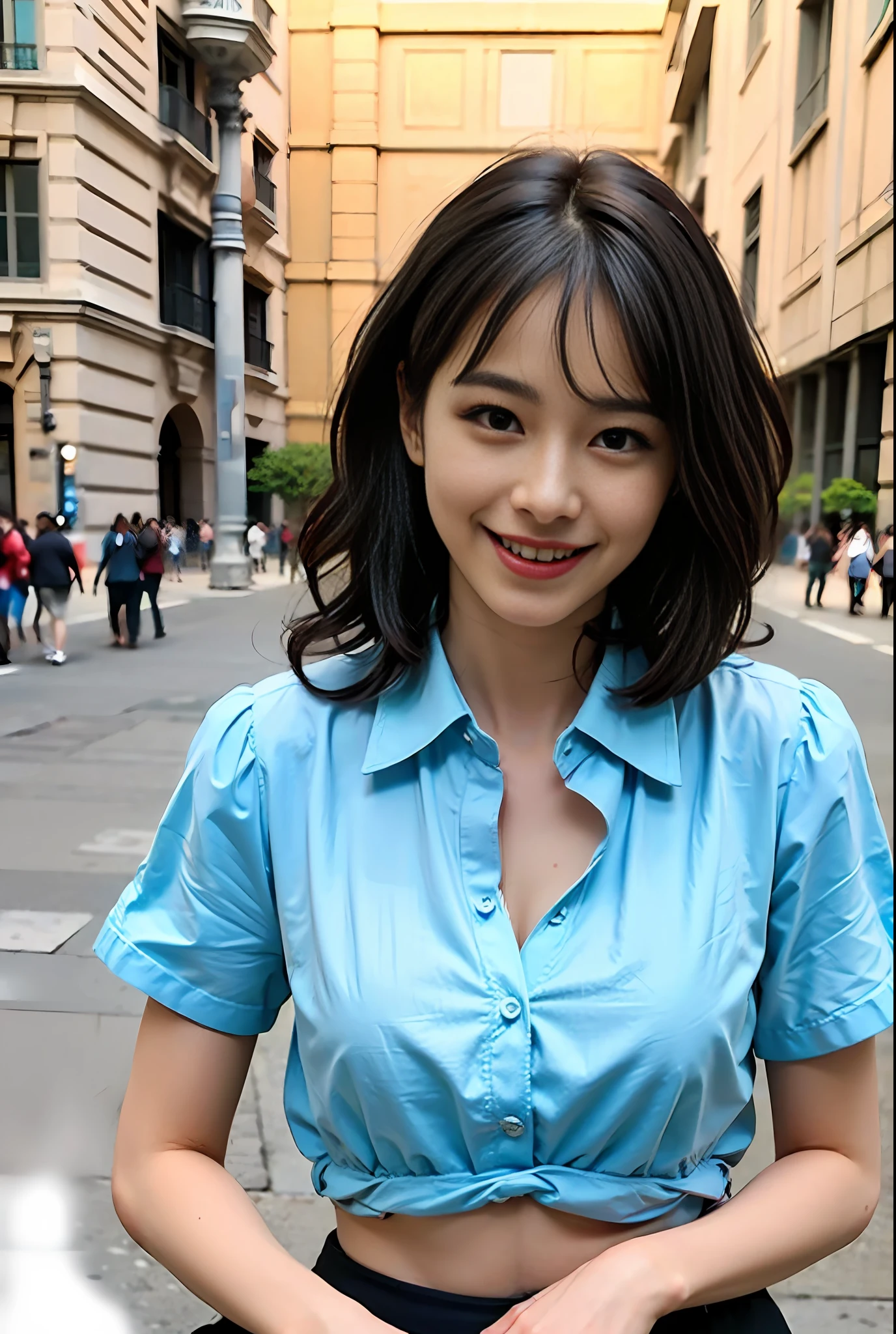 best quality, miniskirt, smile, red eyes, colorful top, , (8k, best quality, masterpiece:1.2), (realistic, photo-realistic:1.37), ultra-detailed, full body, small waist, (1girl,((make love:1.2)),cute,beautiful detailed sky,(on the St. Peter's Square of Vatican,crowd,navel),night,sitting,dating,(nose blush),(smile:1.15),(grin) large breasts,(fantasy breasts), cleavage, beautiful detailed eyes,(collared shirt:1.1), night,(wavy hair:1.2),floating hair NovaFrogStyle, cyber, future, naked,(mezzy hair),(full body shot),