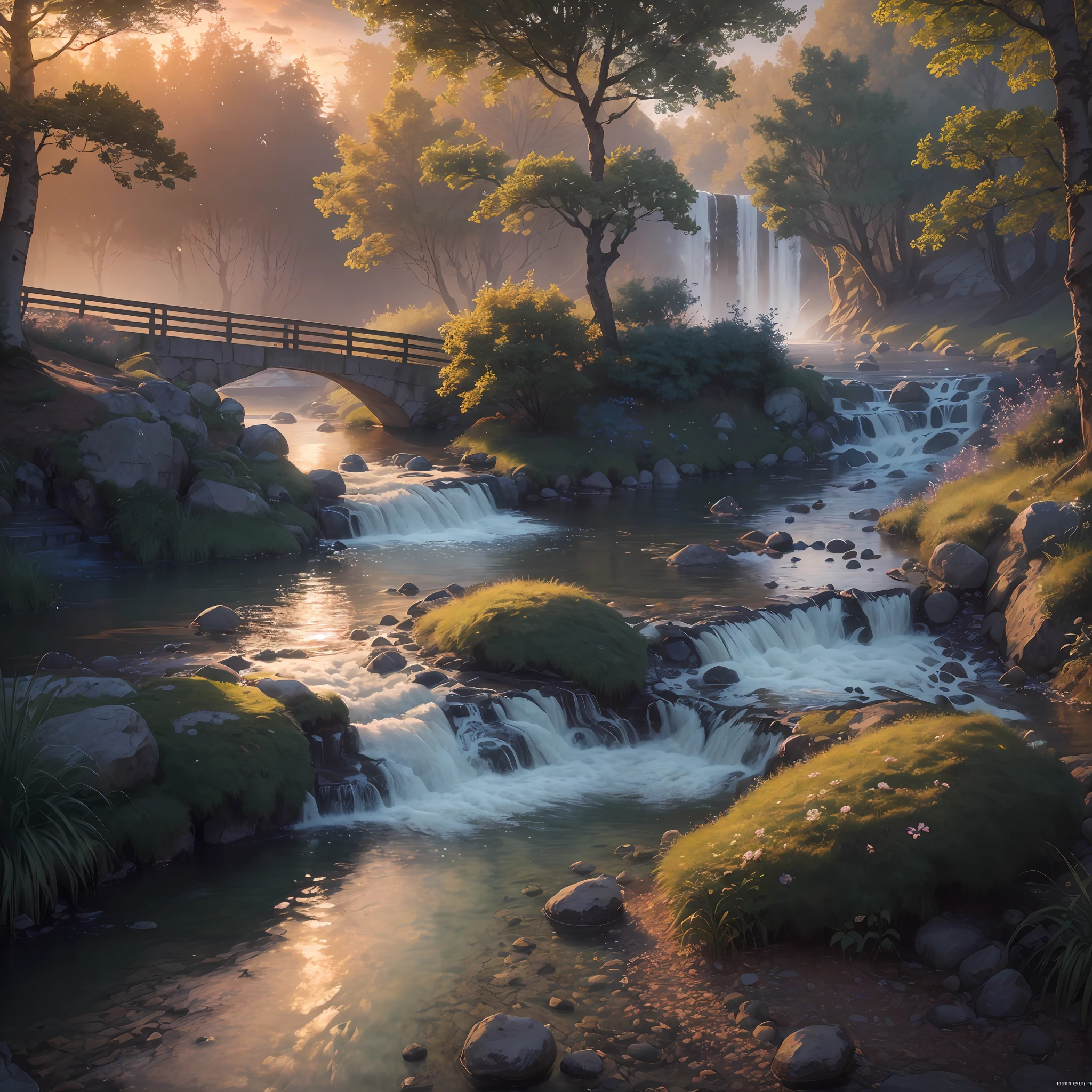(8k, RAW photo, best quality, masterpaintings:1.2), (realistic, photo-realistic:1.4), (Extremely detailed CG unity 8k wallpaper), A small bridge in the twilight, flowing water; tranquility and serenity prevail. --auto