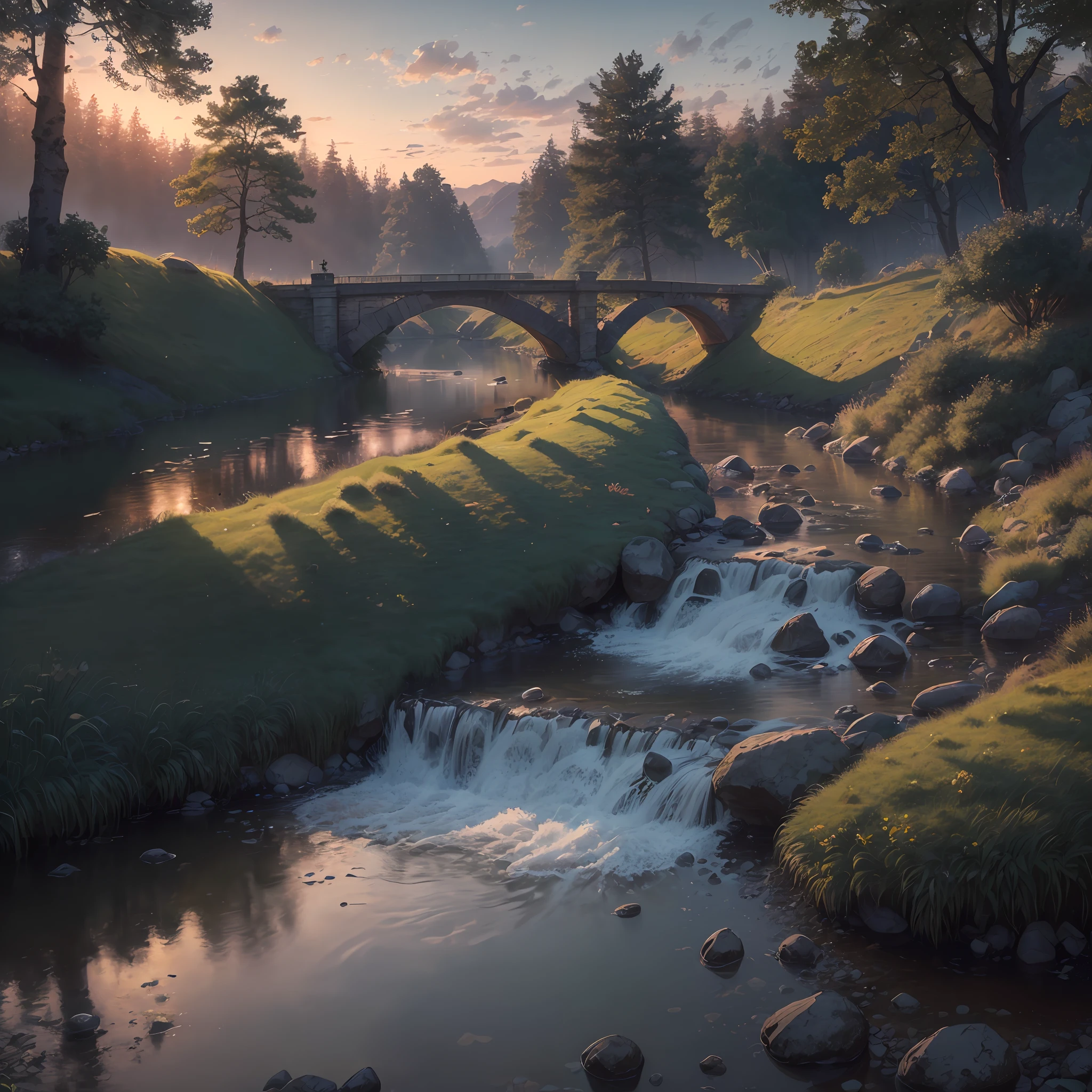 (8k, RAW photo, best quality, masterpaintings:1.2), (realistic, photo-realistic:1.4), (Extremely detailed CG unity 8k wallpaper),  A small bridge in the twilight, flowing water; tranquility and serenity prevail. --auto