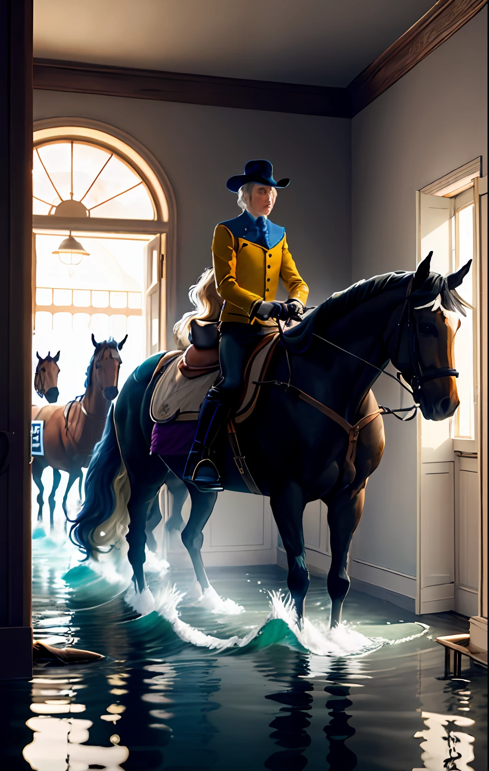 harlequin horse and horsemen...with a rider dressed in colored tights with a blue plate and a cloth, artistic aesthetics, water with reflections on the ground, horse in the foreground, small warm light bulb, reflective gray ground with some opacity, the same image previously generated, in the context of a room with low water in perspective, with light entering through doors and windows, in the style of Velázquez, 13 riders on their horses of different warm tones in each generation of images, white, blue, yellow , green, the water a little higher and with waves and movement of the water,yellow