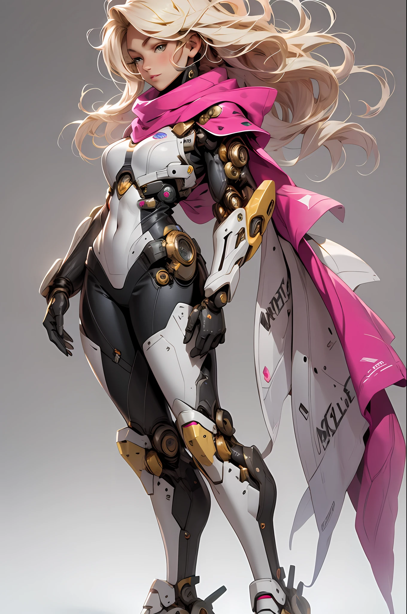 masterpiece, best quality, 1girl, bodysuit, full body , long hair, blonde hair, mechanical arms, medium breasts, pink scarf, science fiction, solo, standing, simple background
