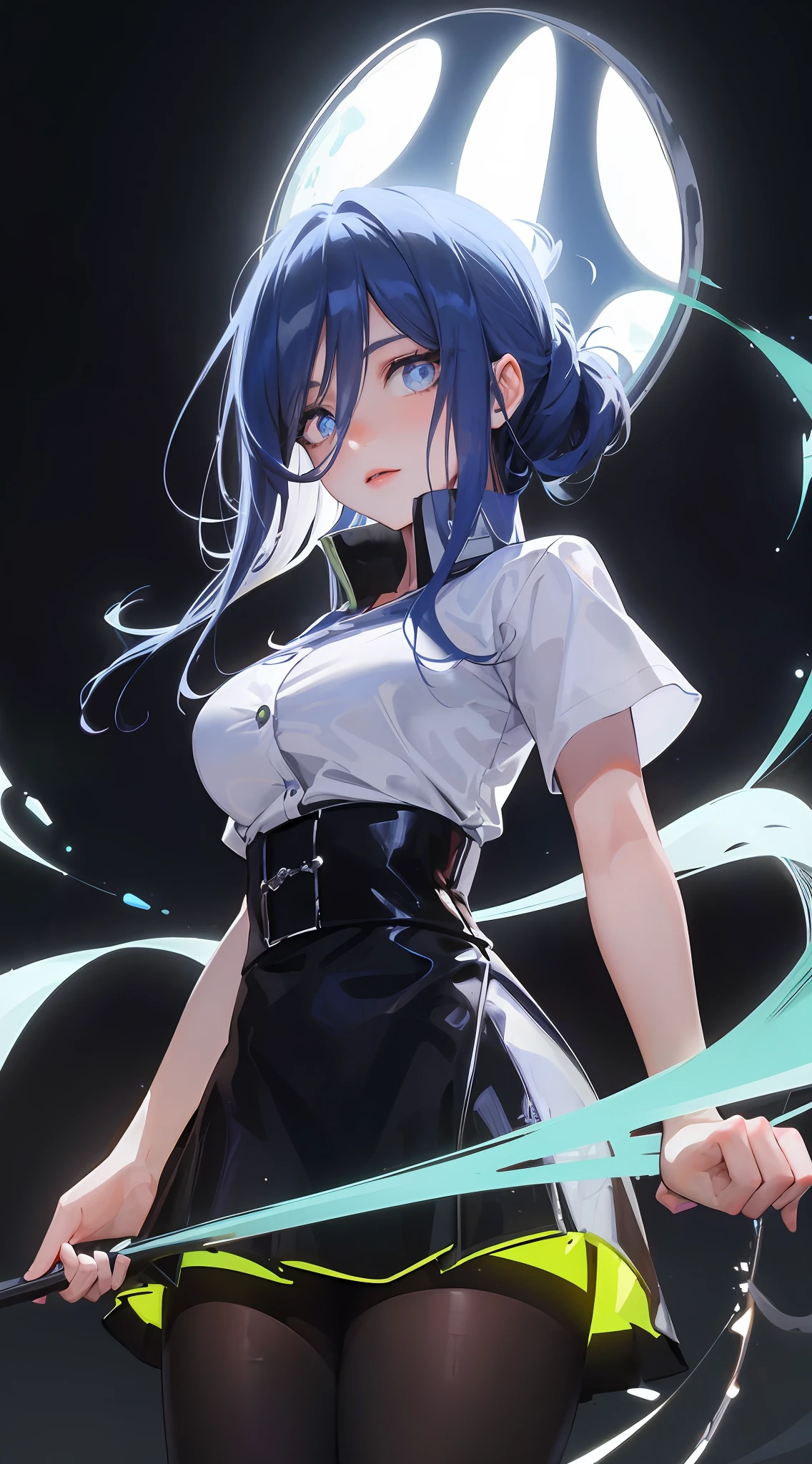 ((masterpiece)),(Best Quality),(Detailed),(1girl), blue hair, blue glowing eyes, Updo, white shirt, black skirt, looking down on the viewer