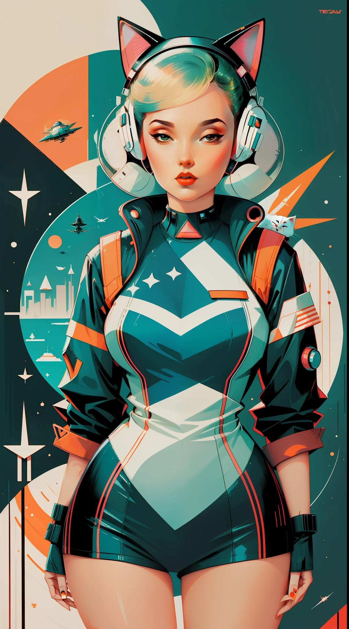 retro scifi art,vintage,1pinup girl with very white techwear clothes,cat,geometric shapes and simple stripes on background