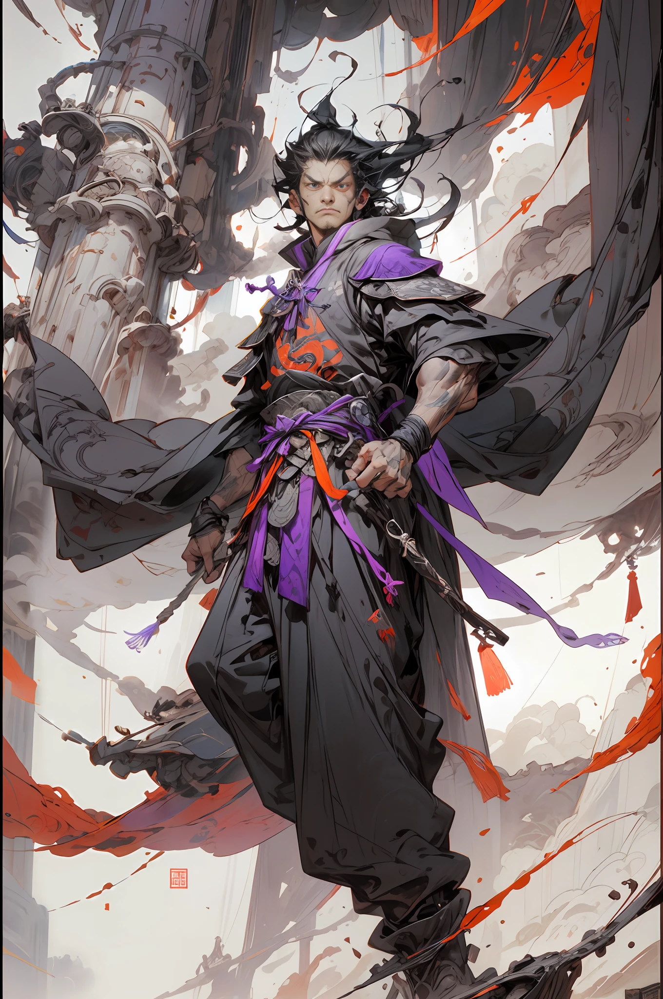 fierce eyes,Cold eyes,Flying clothes,Clouds,smog