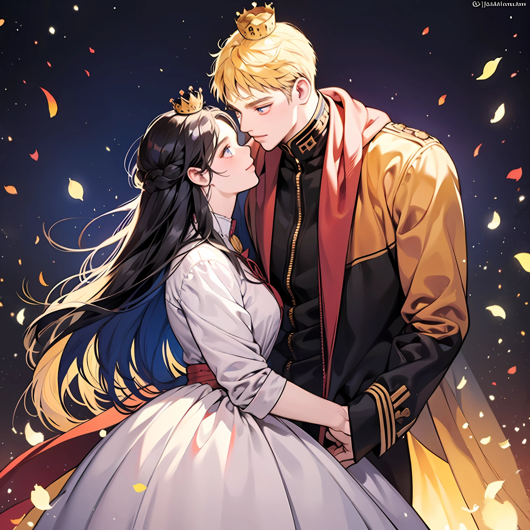 blonde man, dark blue hair girl, naruhina, hug, masterpiece, couple, standing, royalti, nobility, (((crowns))), king, queen, looking into each other eyes, romantic, kiss