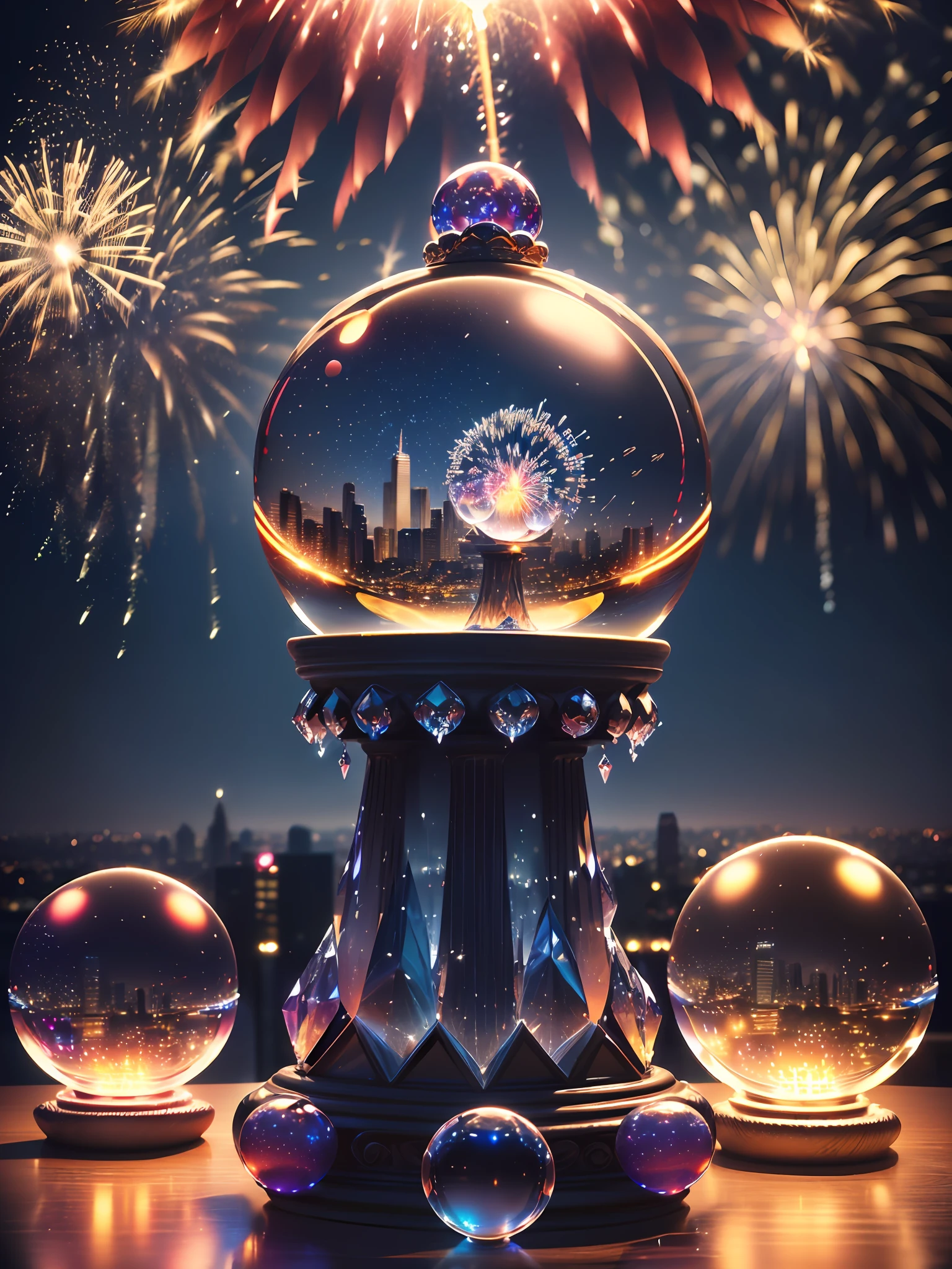 Hyper-realistic、16K High Resolution、(Maximum Sharp Focus:1.3)、(Maximum Close-up:1.5)、(Three-dimensional fireworks trapped in a crystal ball with a pedestal on a table:1.7)、(Night view of the big city、blue back light:1.3)