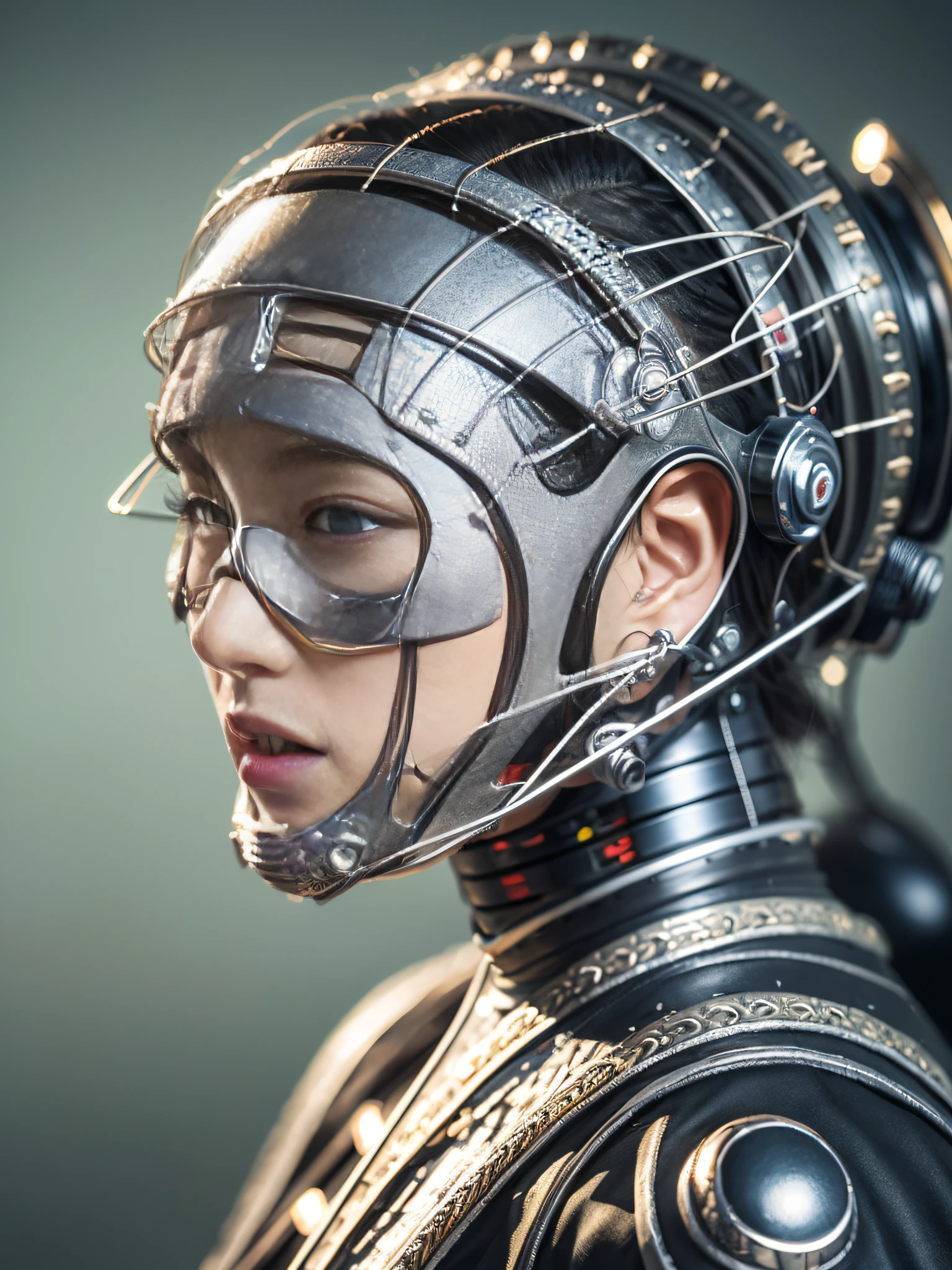 Intricate 3d rendering of highly detailed beautiful ceramic silhouette female robot face, robot, robot part, 150 mm, beautiful studio soft light, rim light, vibrant details, luxurious cyberpunk, lace, surreal, anatomy, facial muscles, cables wires, microchip, elegant, beautiful background, octane rendering, HR Giger style, 8k, best quality, masterpiece, illustration, very delicate and beautiful, very detailed, CG, unity, wallpaper , (fidelity, fidelity: 1.37), amazing, fine detail, masterpiece, best quality, official art, very detailed cg unity 8k wallpaper, absurd, unbelievably absurd, robot, silver helmet, full body
