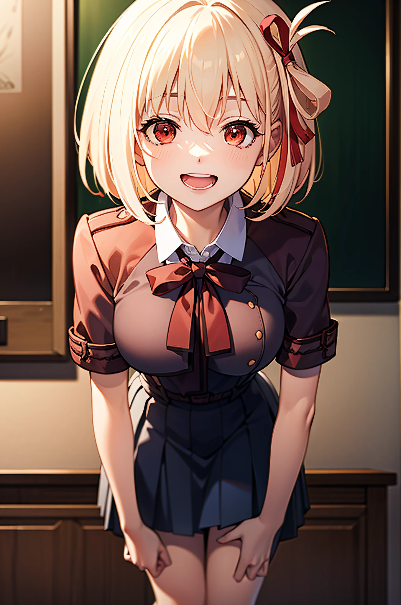 巨作, Best quality, 巨作,Best quality,offcial art,Extremely detailed CG unity 8k wallpaper, tag, artbook, girl, Medium hair, White hair, Red eyes, Medium breasts, Leaning forward, Laughing, School uniform, the hair_ribbon