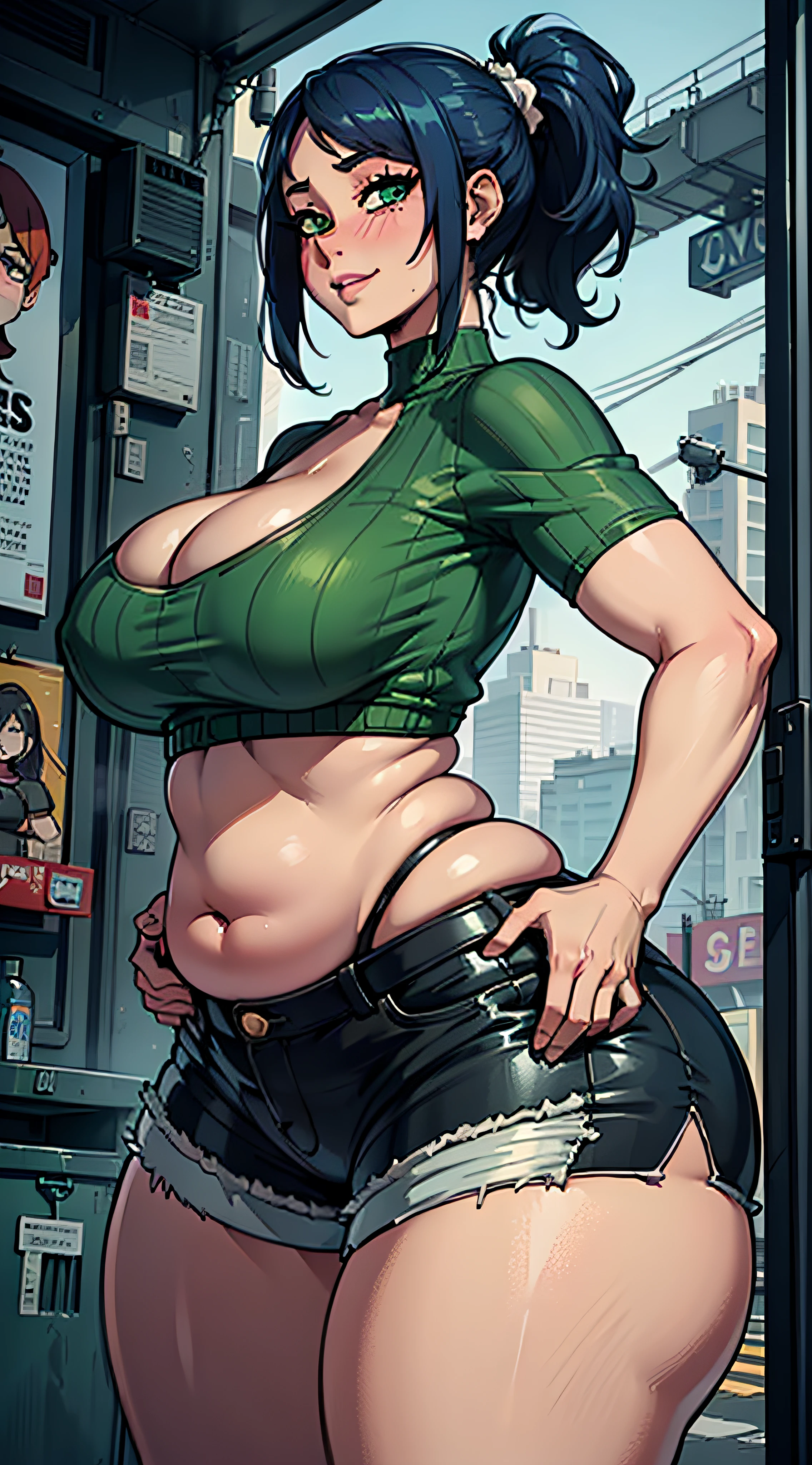 (((kipteitei art))), Masterpiece, high quality, best quality, beautiful, HD, perfect lighting, detailed face, ultra cute face, detailed body, ((1girl)), ((solo)), blue hair, medium hair, messy hair, ponytail, green eyes, looking at viewer, confidant smile, ((blush)) , cleavage, covering, perky , ((massive )), (((thick thighs))), (((thicc))), ((((she has a fat )))), ((fat )), (((( grab)))), (she has a jiggly fat belly), (((chubby))), ((chubby belly)), ((((fat folds)))), belly hang, crop top, shorts, ((undersized shorts)), far future, cyberpunk, neon lights, in public, facing to the side, dynamic angle,