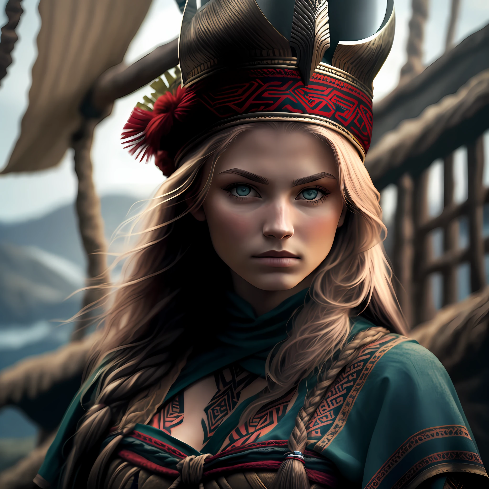 A young viking woman with tribal tattoos looking at the camera