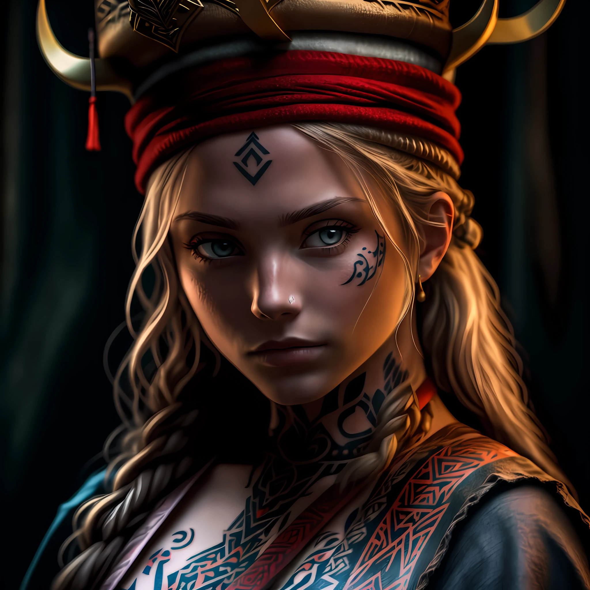 A young viking woman with tribal tattoos looking at the camera
