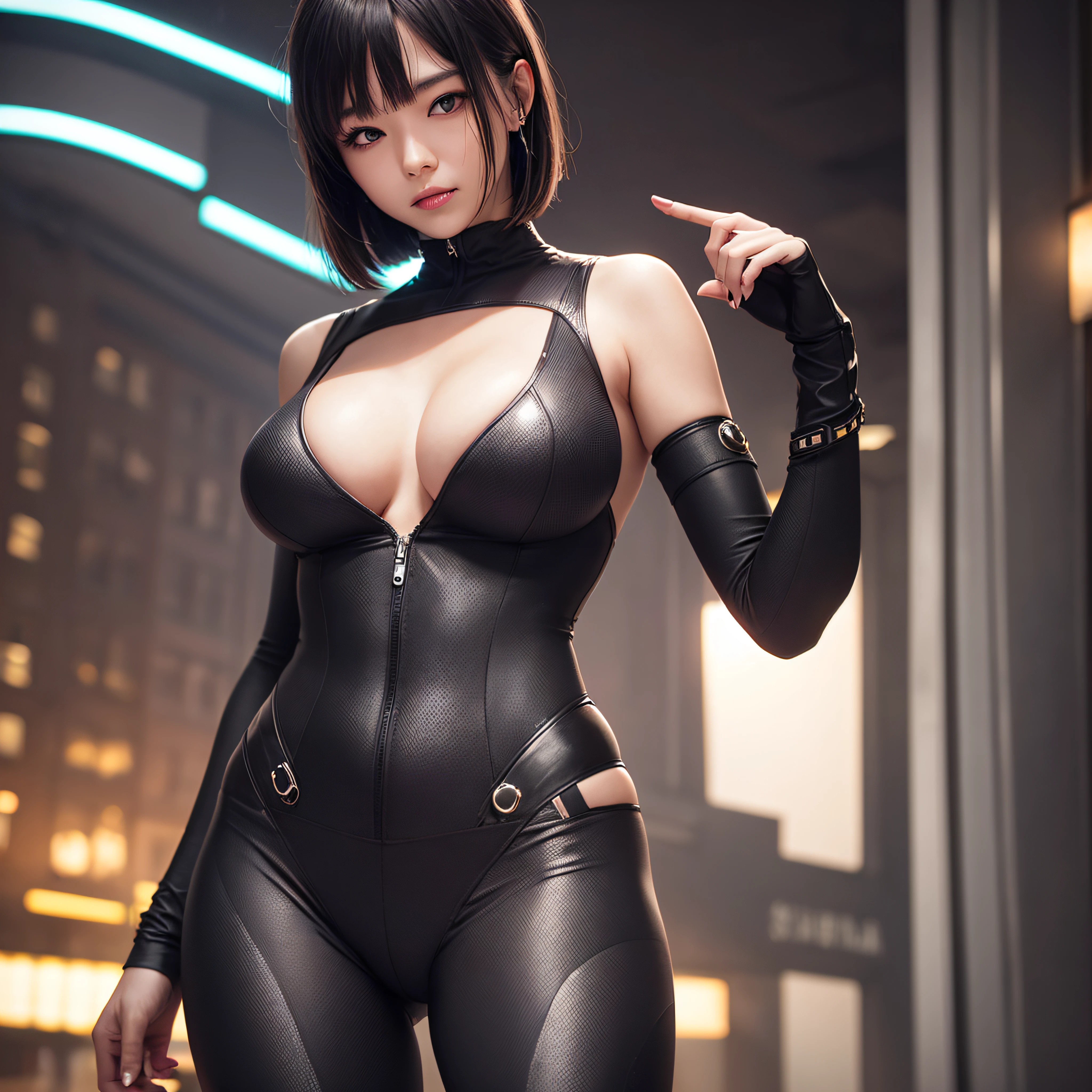 (in 8K、Raw photography、最好质量、A masterpice:1.2)、(Realistic、photoreallistic:1.37)、(aegyo sal:1)、a Pretty、Professional Writing、photon maping、Physically Based Rendering、bob cuts、Mechanical parts、Gray eye、Black tight suit、Night、Neon light、A sexy、cyberpunked、Clear background、mid tits、Whole human body --auto