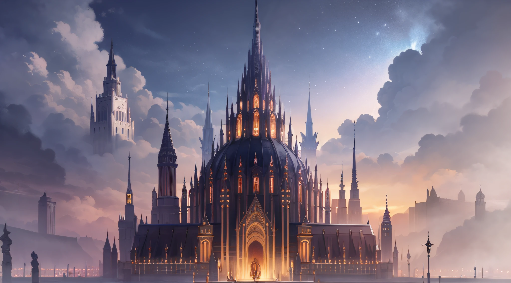 arafed view of a castle with a spire and a spire on top of it, glowing temple in the distance, 4K highly detailed digital art, a temple background, huge futuristic temple city, symmetrical epic fantasy art, cathedral of sun, futuristic palace, palace floating in the sky, Beautiful Art UHD 16K, palace floating in heaven, holy city |、Fantasia、Realstic