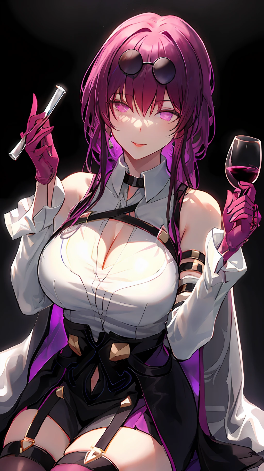 Kafka, honkai star rail, 1girl, alcohol, alternate costume, armlet, bare shoulders, black background, black dress, black gloves, black thighhighs, large breasts, cleavage, criss-cross halter, cup, dress, drinking glass, flower, gloves, gradient background, hair between eyes, sunglass on head, halterneck, holding, holding cup, large breasts, long hair, looking at viewer, purple hair, purple short nails, purple eyes, see-through gloves, solo, thighhighs, thighs, long hair, wine, wine glass, ((masterpiece)) pleated purple skirt, sitting,