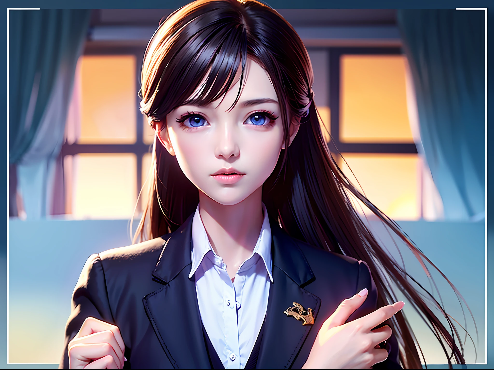 巨作，8k，Sideways Look,Indifferent,School uniform,Straight hair,Long hair,details eyes，Round-faced girl，School classroom scene，