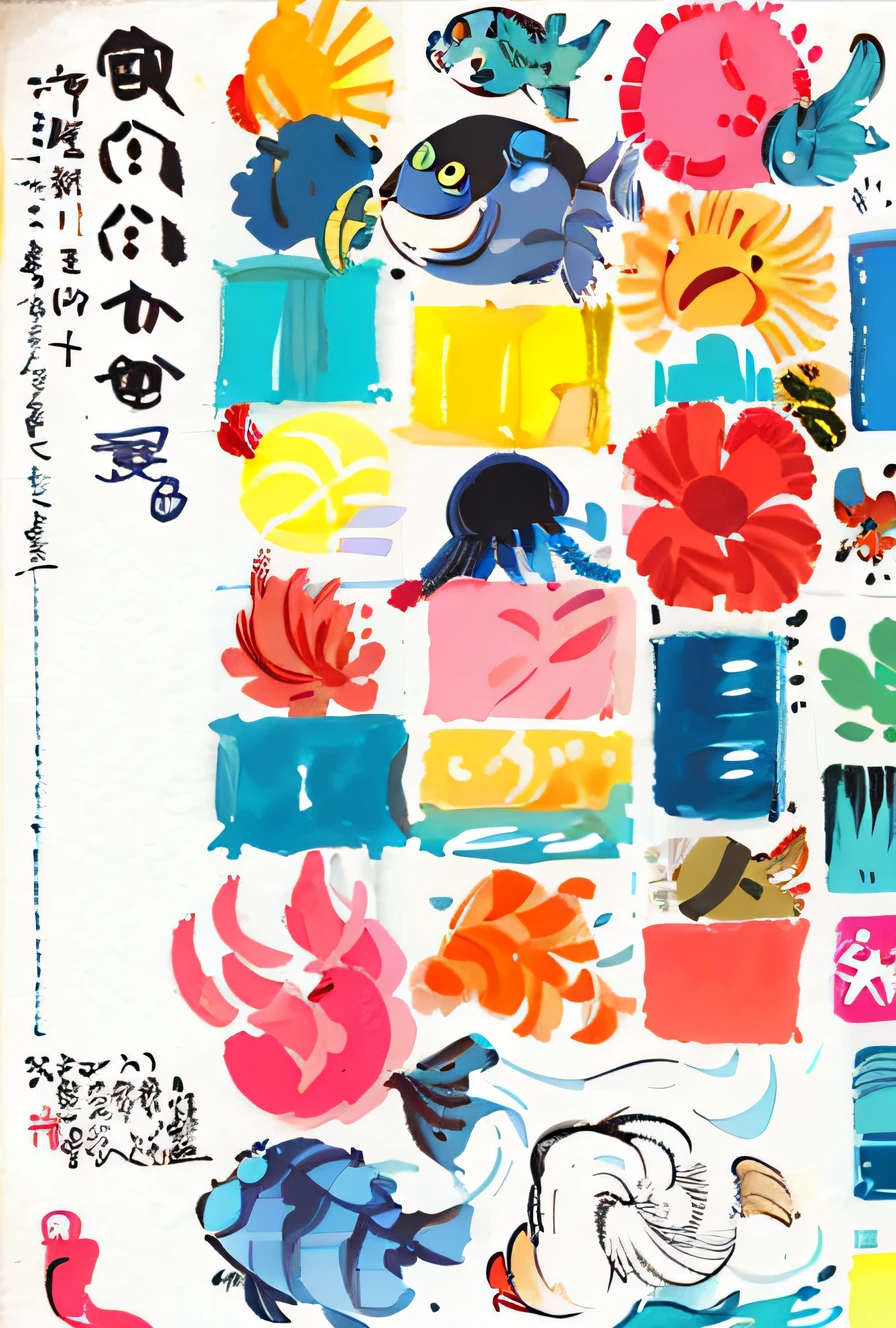 Cute abstract illustration，Marine life，sea shell，Fish，crabs，The corals，blue-sky，baiyun，Water streaks，Graphic illustration，cartoon character，Cartoon Cute，rich colour，HD 8，author：Koichiro Kume, japanese graphic design,