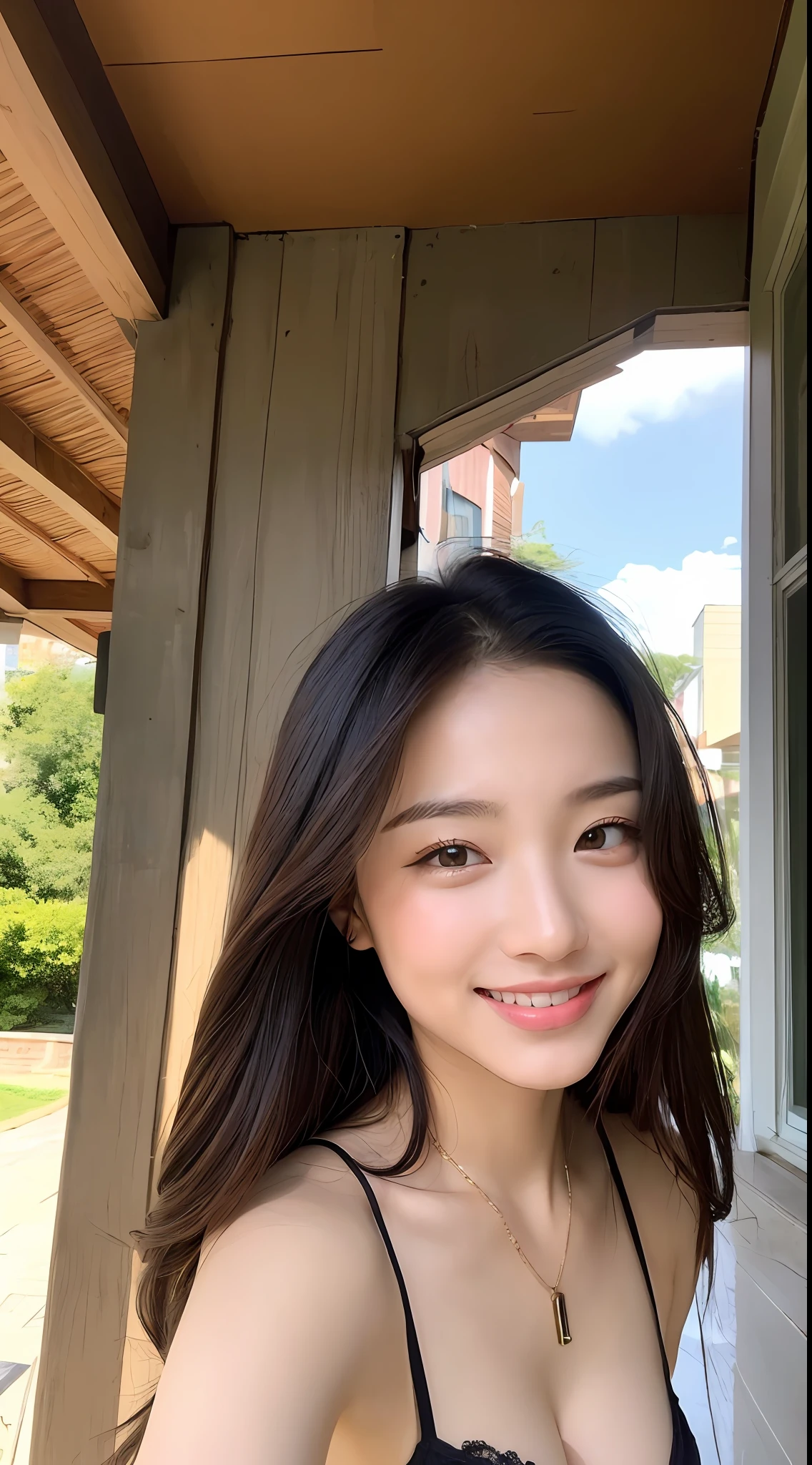 (最好质量、8k、A masterpice:1.3)、Beautiful Women in Perfect Figure:1.4、dark brown hair、Wearing a pendant、Wearing small underwear on the veranda with very detailed face and skin、detailed eye、双眼皮、large tits、a smile
