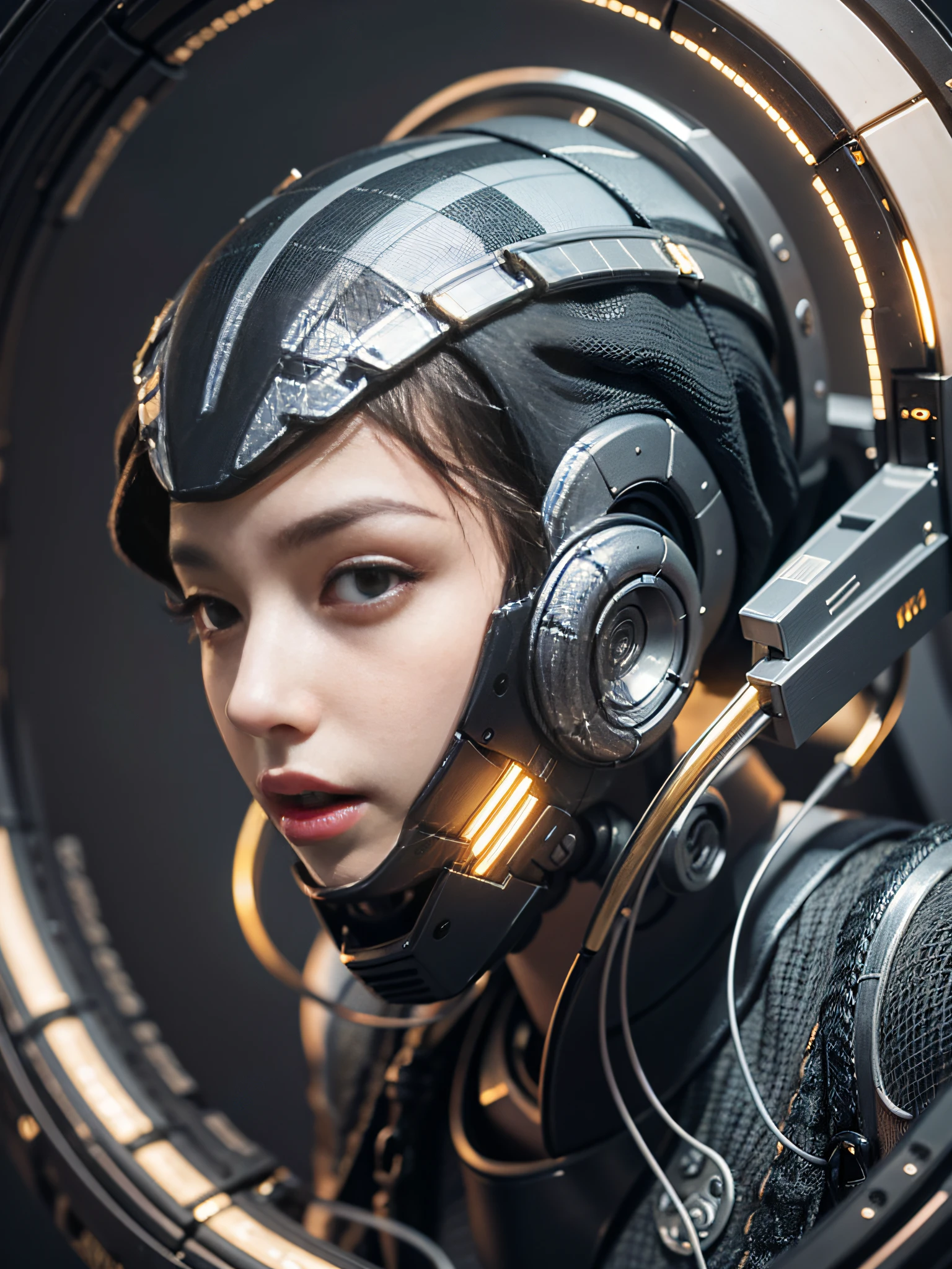Intricate 3d rendering of highly detailed beautiful ceramic silhouette female robot face, robot, robot part, 150 mm, beautiful studio soft light, rim light, vibrant details, luxurious cyberpunk, lace, surreal, anatomy, facial muscles, cables wires, microchip, elegant, beautiful background, octane rendering, HR Giger style, 8k, best quality, masterpiece, illustration, very delicate and beautiful, very detailed, CG, unity, wallpaper , (fidelity, fidelity: 1.37), amazing, fine detail, masterpiece, best quality, official art, very detailed cg unity 8k wallpaper, absurd, unbelievably absurd, robot, silver helmet, full body