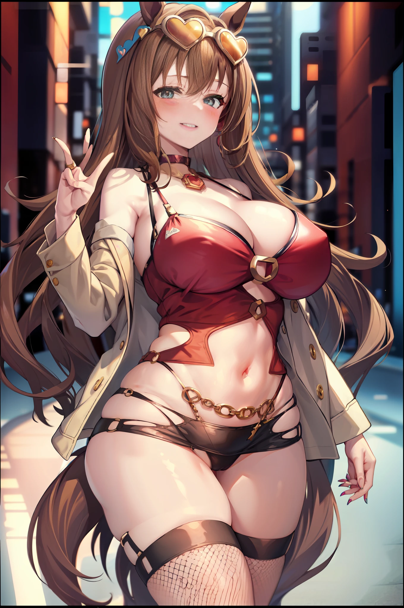 maruzensky \(umamusume\), at office in background, looking at viewer, ((MILF))
1girl, solo, red microdress, bodycon, blush, long eyeslashes, cleavage, navel, fishnet stockings, thick thighs, (face focus), evil smile, brown hair, heart-shaped eyewear, eyewear on head, sunglasses, (handbag:0.8)
masterpiece, best quality, glowing skin, mature figure, voluptuous body, voluptuous breasts,  perfect body, wide hips, from the front, (chromatic aberration, intricate details), dynamic poses, dynamic angle, 40K, HDR, highres, (sfw), safe for work, fully clothed,