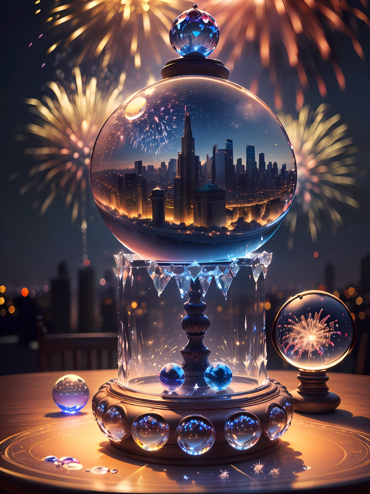 Hyper-realistic、16K High Resolution、(Maximum Sharp Focus:1.3)、(Maximum Close-up:1.5)、(Three-dimensional fireworks trapped in a crystal ball with a pedestal on a table:1.7)、(Night view of the big city、blue back light:1.3)