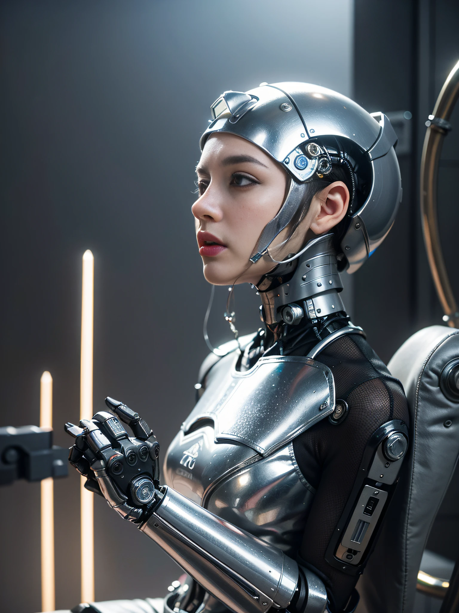 Intricate 3d rendering of highly detailed beautiful ceramic silhouette female robot face, robot, robot part, 150 mm, beautiful studio soft light, rim light, vibrant details, luxurious cyberpunk, lace, surreal, anatomy, facial muscles, cables wires, microchip, elegant, beautiful background, octane rendering, HR Giger style, 8k, best quality, masterpiece, illustration, very delicate and beautiful, very detailed, CG, unity, wallpaper , (fidelity, fidelity: 1.37), amazing, fine detail, masterpiece, best quality, official art, very detailed cg unity 8k wallpaper, absurd, unbelievably absurd, robot, silver helmet, full body