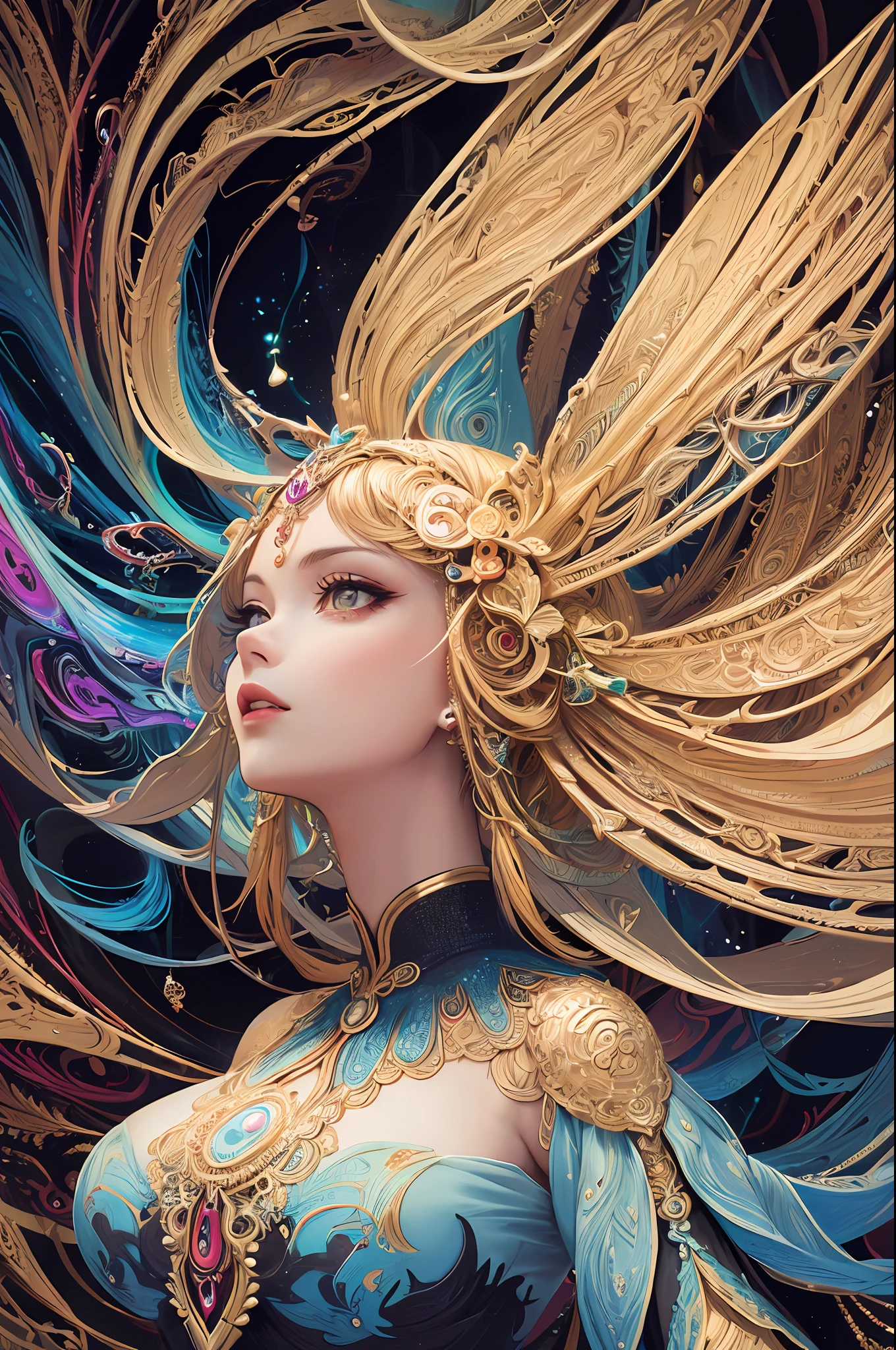 (masterpiece, top quality, best quality, official art, beautiful and aesthetic:1.2), (1girl:1.3), extremely detailed,(fractal art:1.2),colorful, highest detailed,(zentangle:1.2), (dynamic pose), (abstract background:1.5), (treditional dress:1.2), (shiny skin), (many colors:1.4), upper body