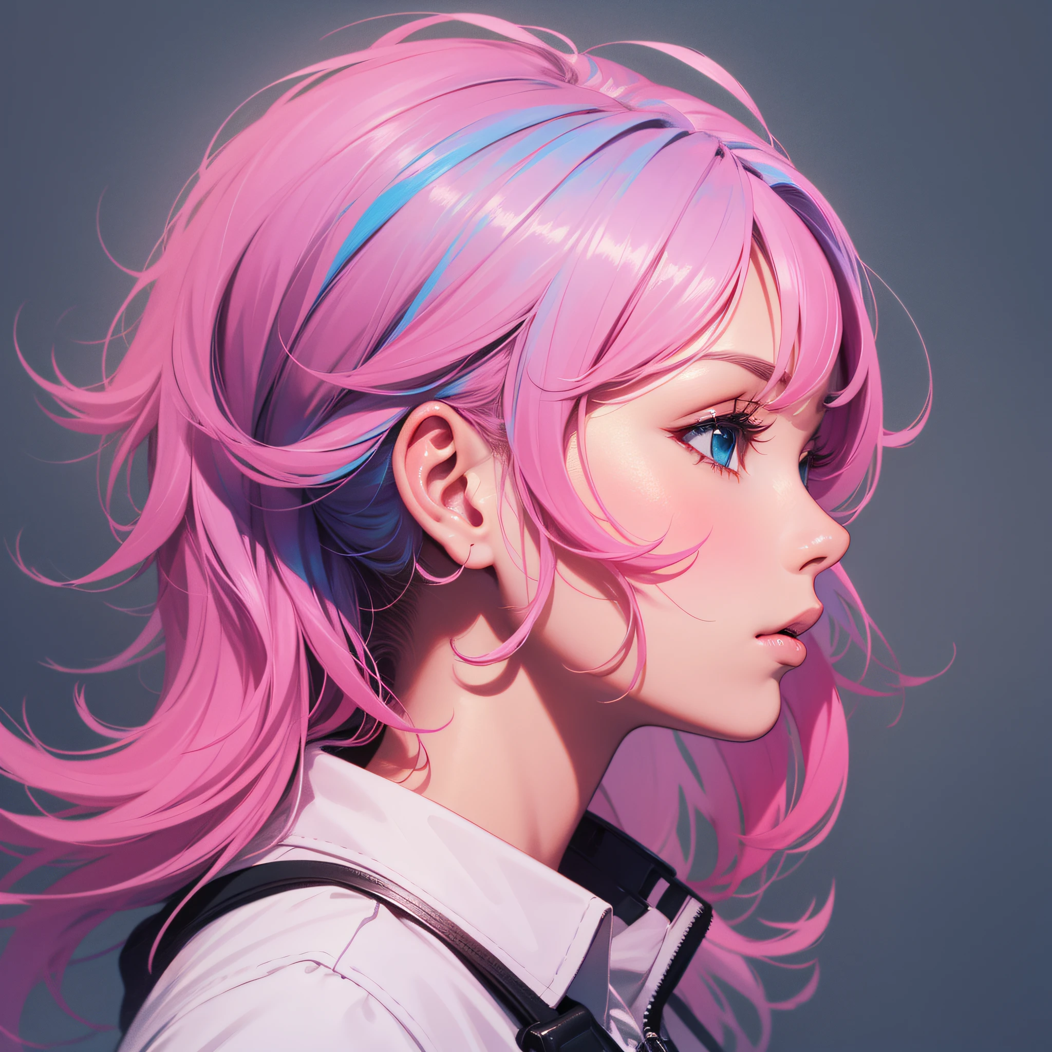 profile, deformed background, (flat color), solo, close-up face, (illustration), many layers, limited tone, isometric, dribbble style illustration, vivid pink hair, clear eyes,