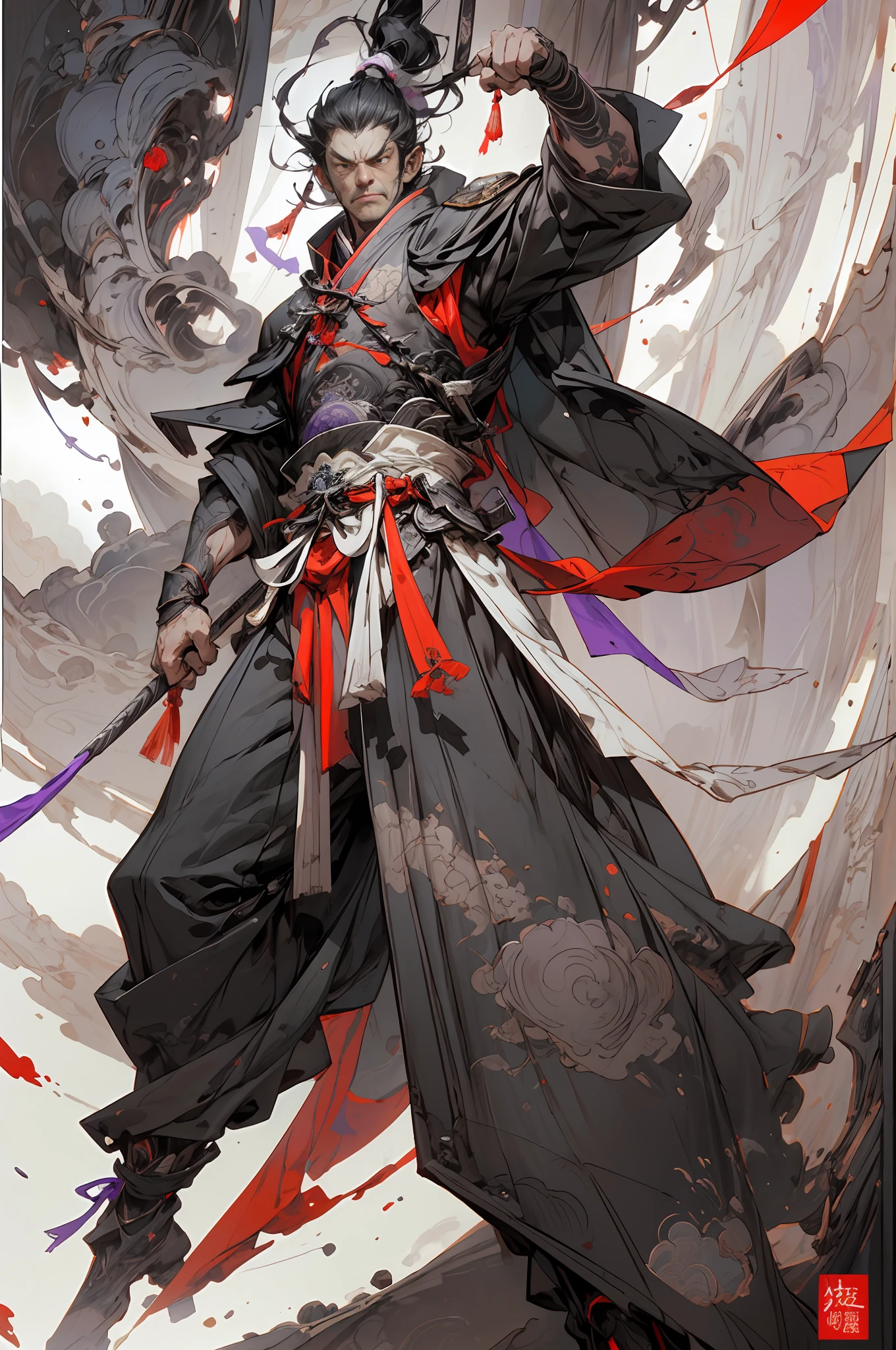 length hair，，black color hair，Purple cape，，Long hair，Purple armor，Huge cape，Broken cloak，Free posture，White eyes，Ancient Chinese short boots，There were clouds behind him，Flying clothes，shabby clothes，Behind you is a complex background，Combat posture，angry look