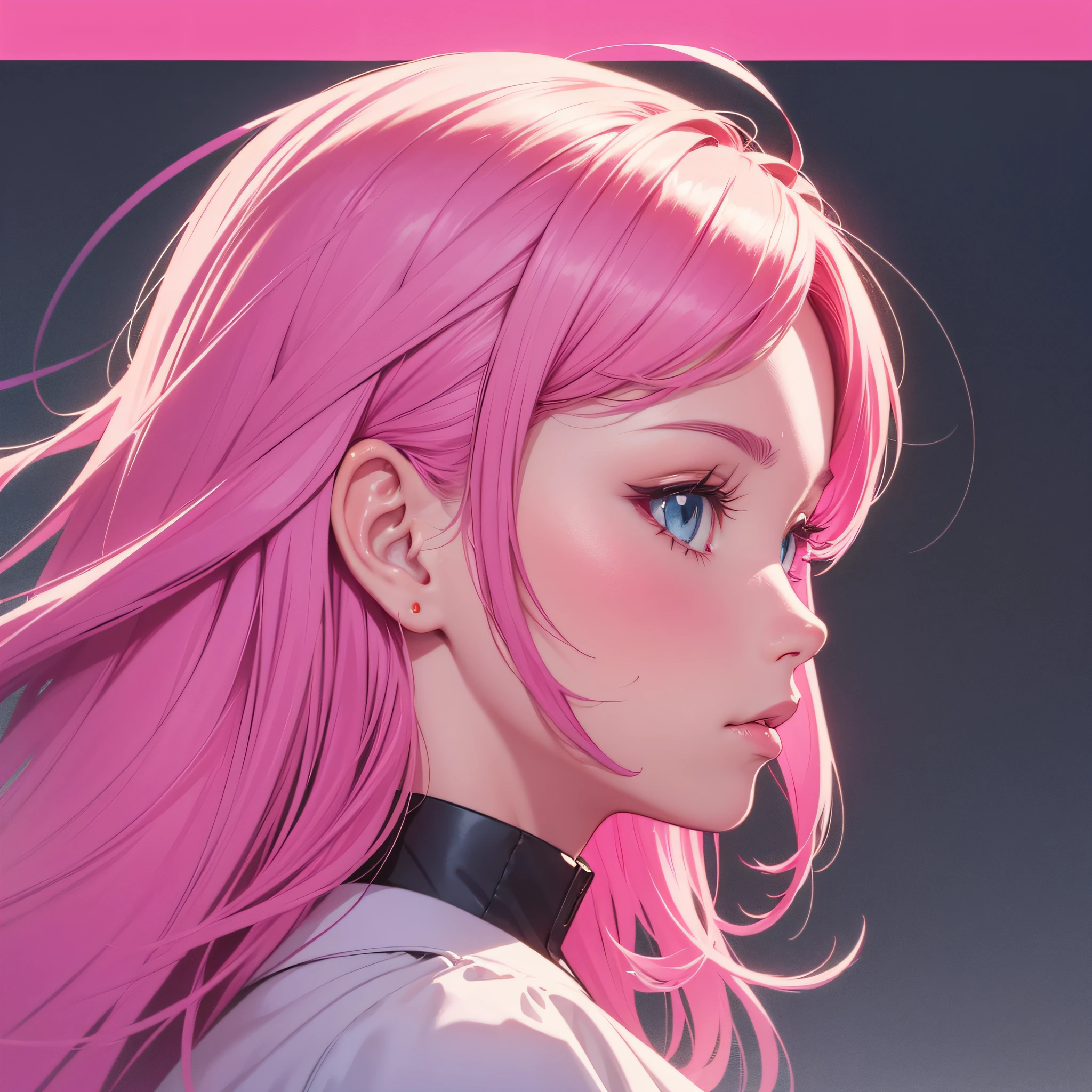 profile, deformed background, (flat color), solo, close-up face, (illustration), many layers, limited tone, isometric, dribbble style illustration, vivid pink hair, clear eyes,