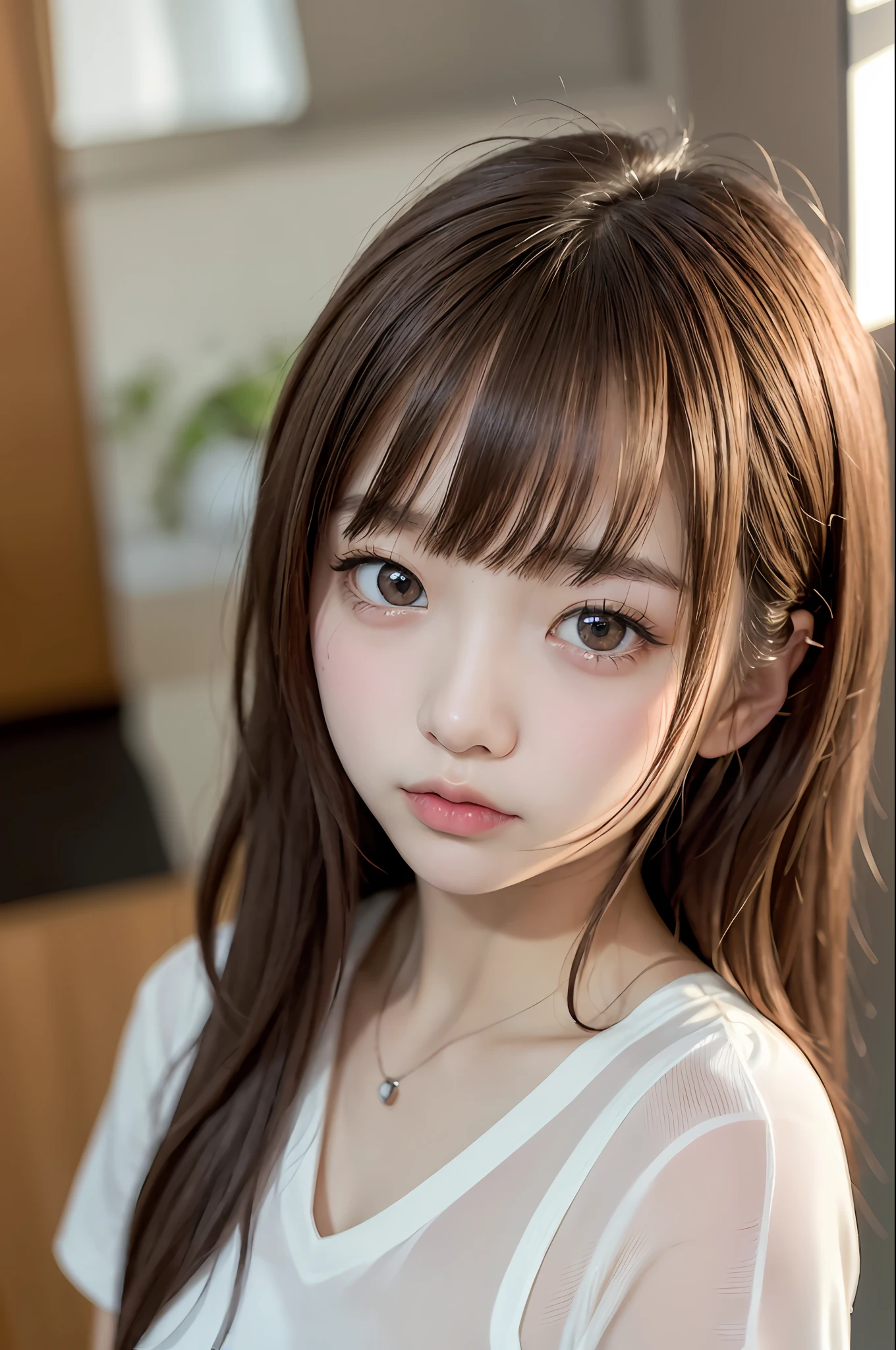1人、Whole human body（7headed body）、Female about 19 years old、Idol、Orange eye makeup、Small、hairstyle on（Brown hair、length hair、straight）、petite figure, Sheer white t-shirt（Underwear flickering）、mini-skirts、a photo、realisticlying、最好质量、adopt、detailed faces、depth of ﬁeld、Bokeh