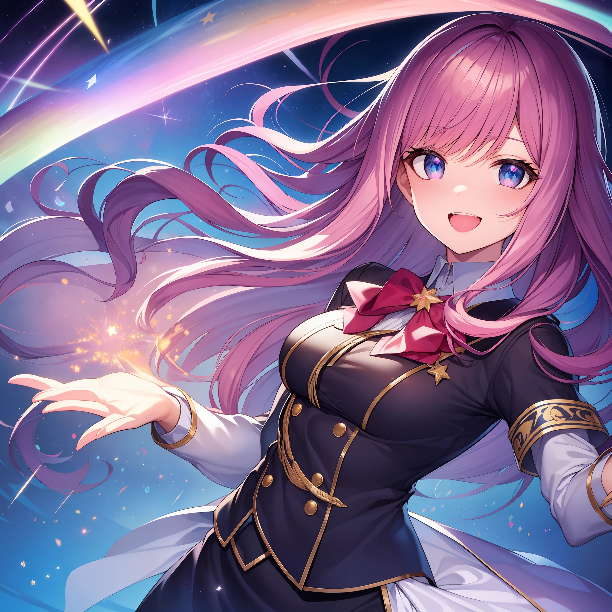 chest out, absurdres, superfine illustration,rainboweffect, highres, ultra detailed,light diffusion,highly detailed light reflection, kaleidoscope, harmonious, best shadow, highly detailed very beautiful big smile face, ;D, beautiful growing crystal diamond star pupil,look at viewer, beautiful detailed hair, solo, dynamic pose, beautiful detailed pink and black ribon, beautiful detailed High school uniform, Fantastic and the whole shines and shooting star and the wind is strong in detail background