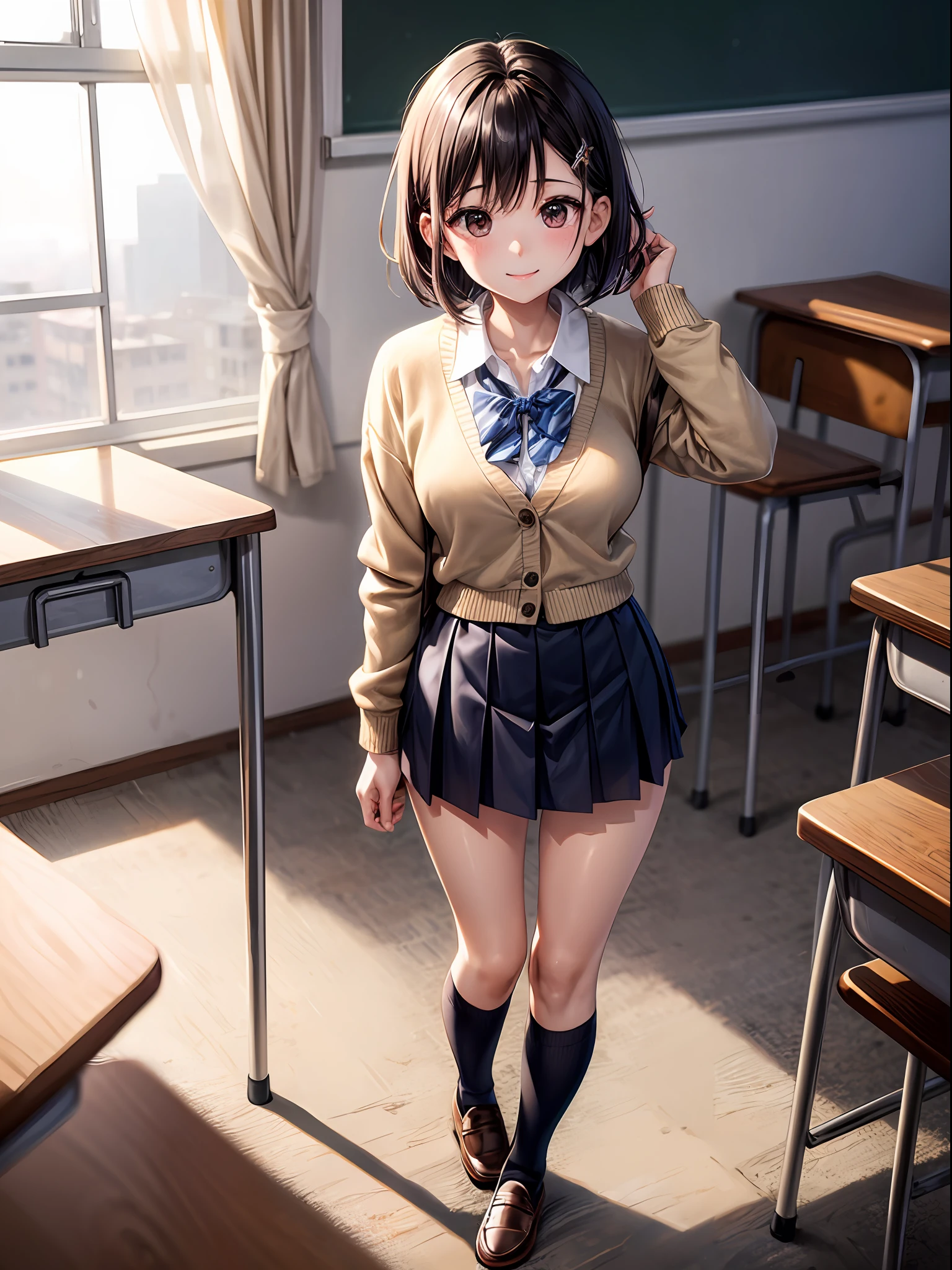最好质量、1girl in、Black hair short hair、A schoolgirl、Devil's Ears、blazers、seethru school uniform、Beige cardigan、Dark blue mini skirt、Black Long Socks、Brown loafers、Black eyes、Small face、a smile、large tits、A slender、View here、beauty legs、Empty after-school classroom、dim lighting、A masterpice、Put your hands on your hair、thights、Background blur
