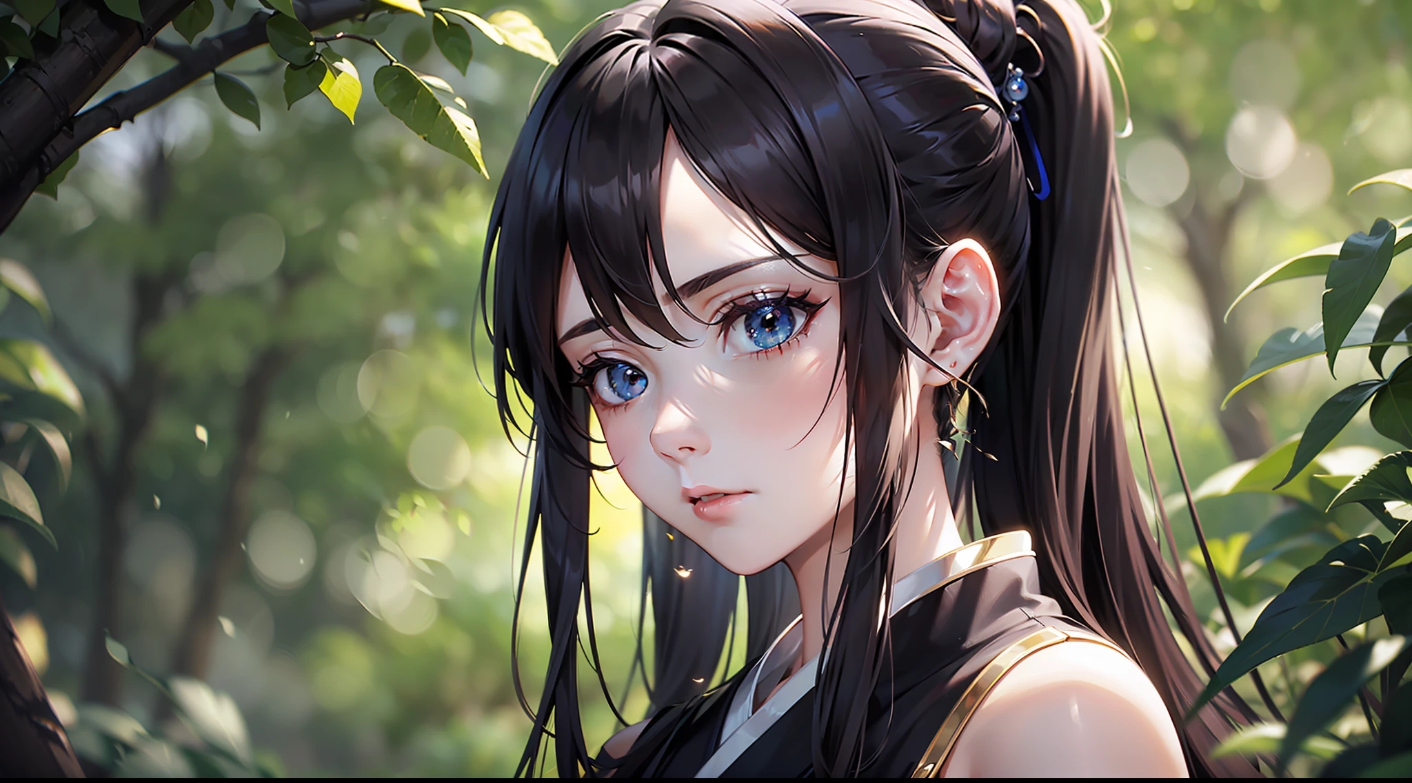 (CG Unity 8K wallpaper in extreme detail，masterpaintings，Highest image quality)，(Delicate light and shadow，The picture is highly dramatic，Cinematic lens effect)， Black pick-dyed hair，Long single ponytail，pretty eyes，Looking into the distance expressionlessly，Black Hanfu，slender build，medium  tits，Sit under a tree(Exceptional detail，The lighting effect is outstanding，Vista wide angle)，crepuscular(Excellent rendering，Enough to stand out from the crowd)，raytrace，