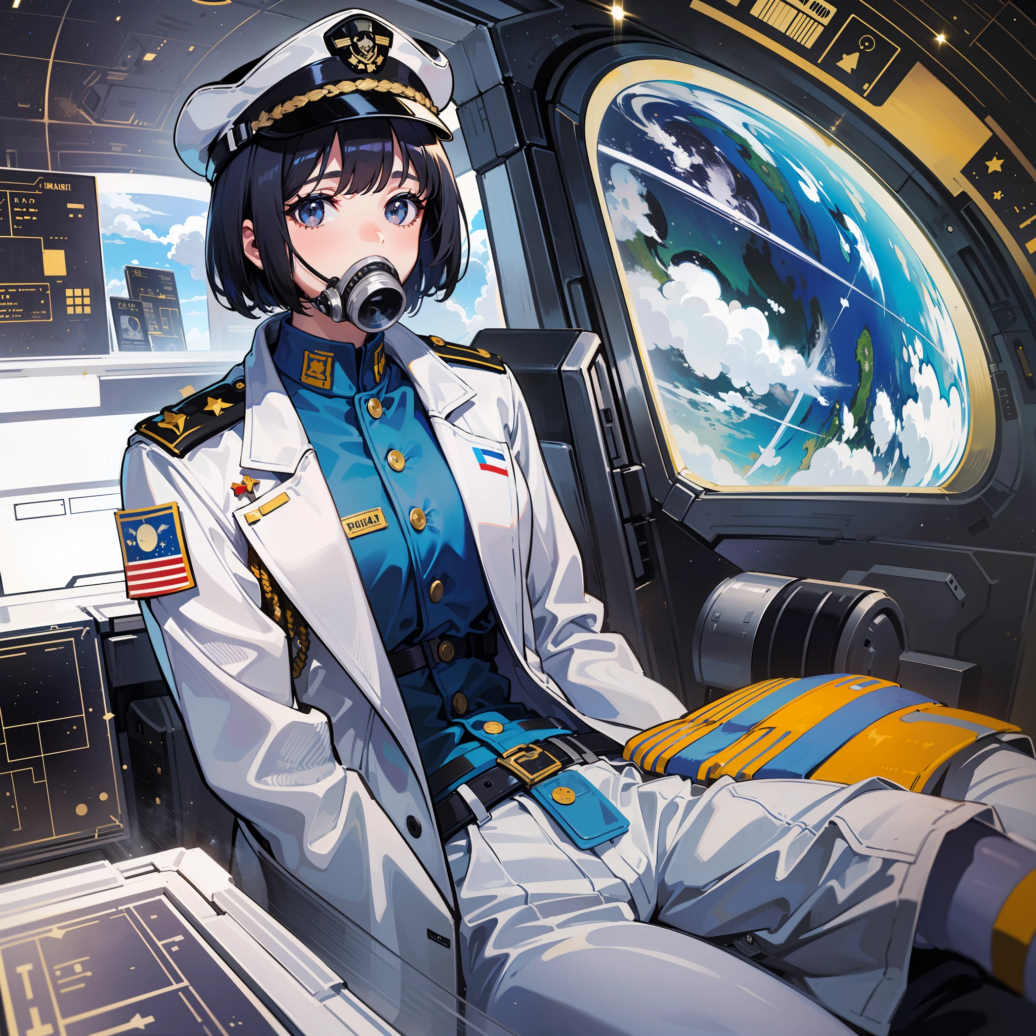 ((Masterpiece)), ((Best Quality)), ((Best Quality)), (Illustration of One Girl), Full Body, 25 Years Old, (Admiral), Black Hair Bob Cut, (((Gas Mask Covering Face)), Gray Eyes, (Tall)), ((Military Uniform)), ((Military Uniform)), (Military Hat)), ((Army Coat)), (White Clothes), (White Pants), (White Hat), Trench Coat, (((Inside the Spaceship, Sitting on the Captain's Seat)) , (outside the window, space, earth seen from space, spaceport)